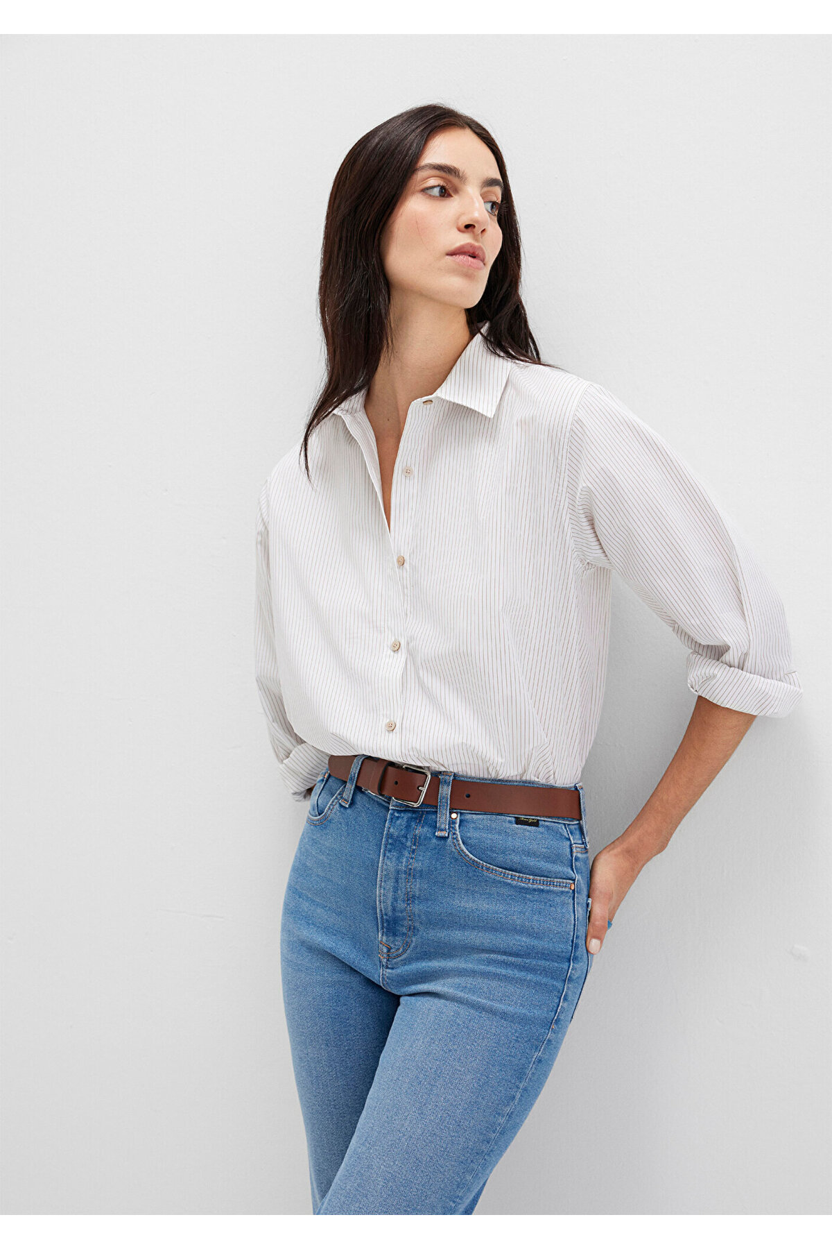 Çizgili Beyaz Gömlek Loose Fit / Bol Rahat Kesim 1211292-83980 — سفید — تصویر 3 از 7