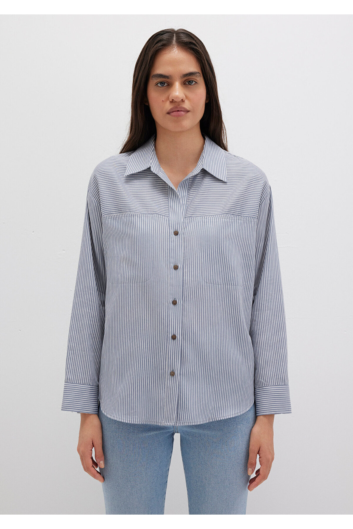 Çizgili Mavi Gömlek Oversize / Geniş Kesim 1211069-89153 — آبی — تصویر 3 از 6