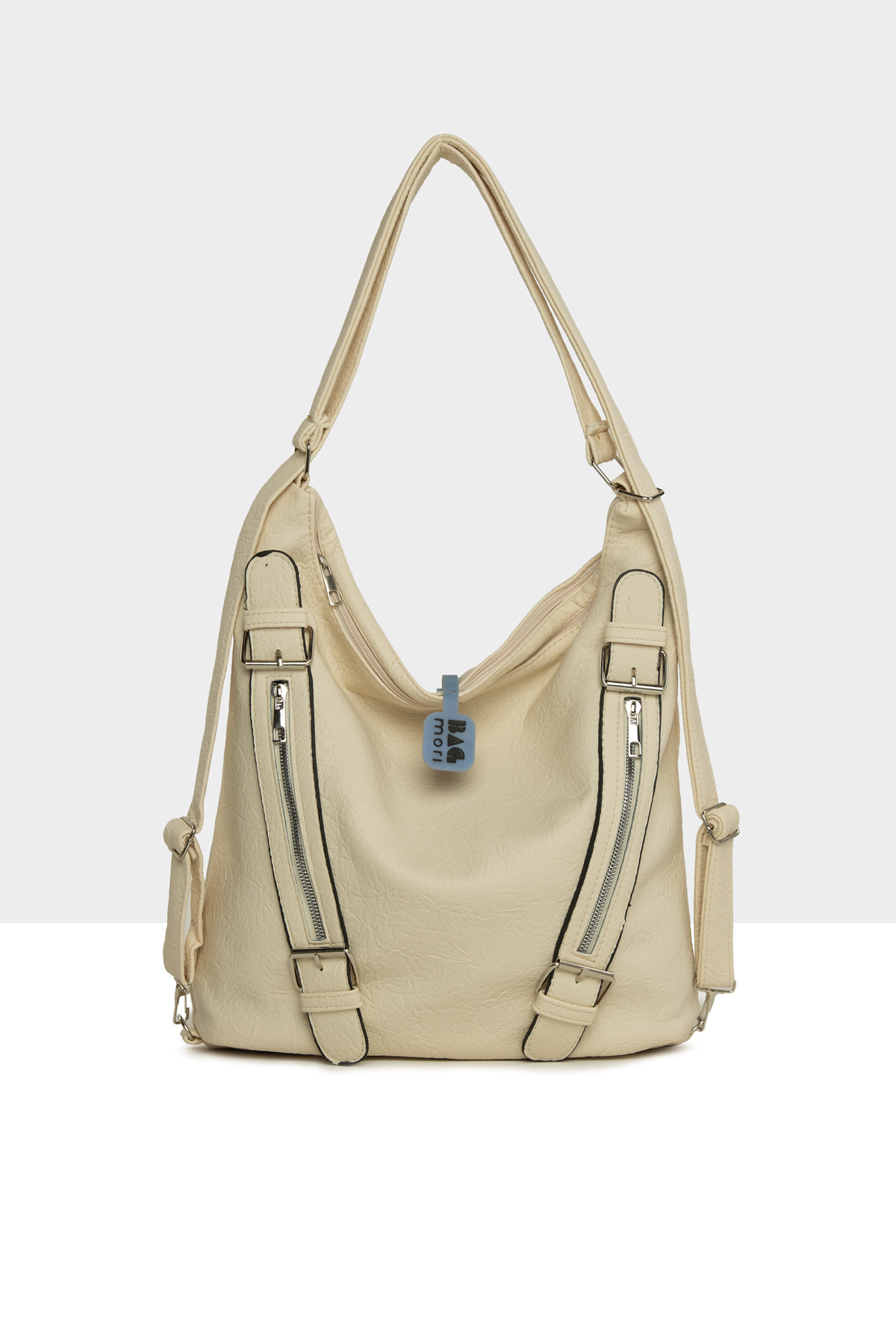 Women's Cream Soft Textured Belt Detailed Bag with Strap and Back M000008637