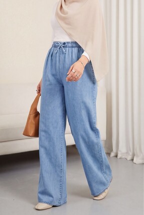 HİJABAYA Bol Paça Beli Lastikli Bağcık Detaylı Kot Pantolon