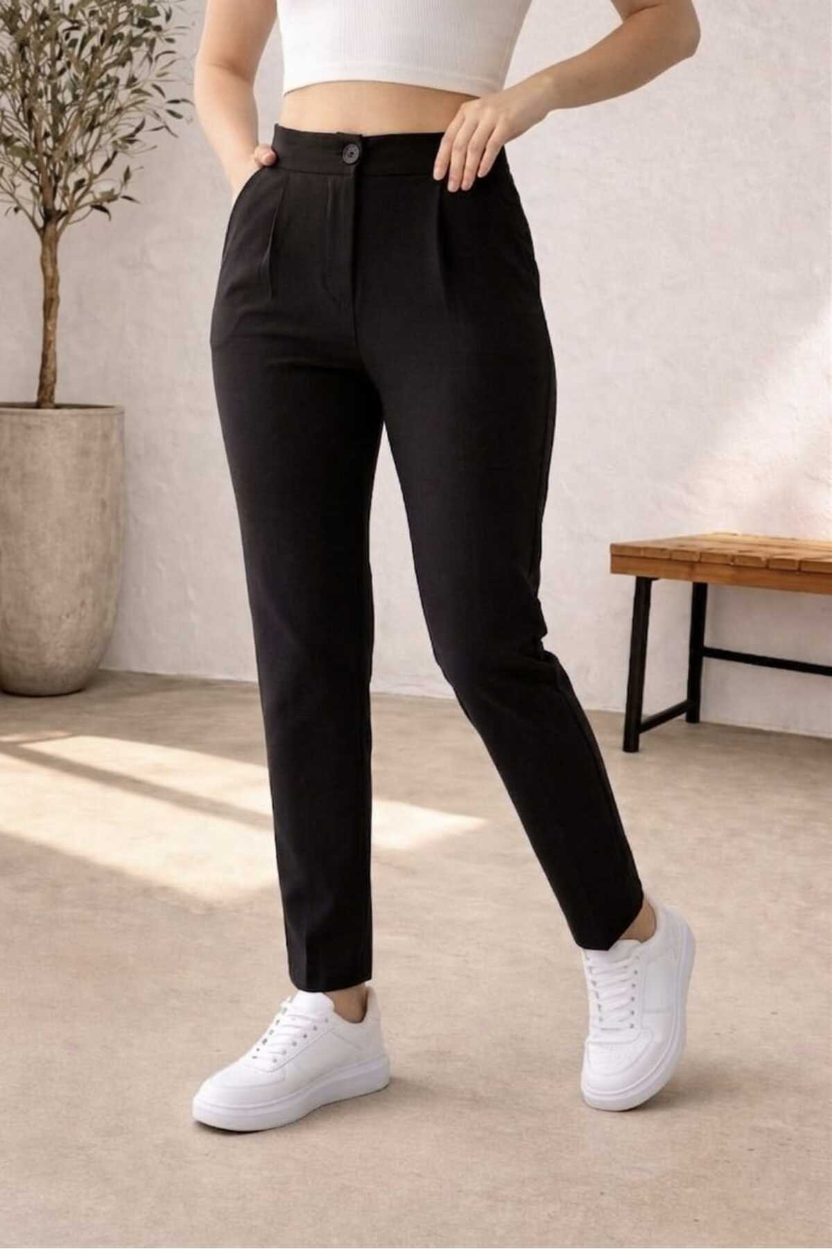 Women's high waist black lycra side pockets pleated carrot pants