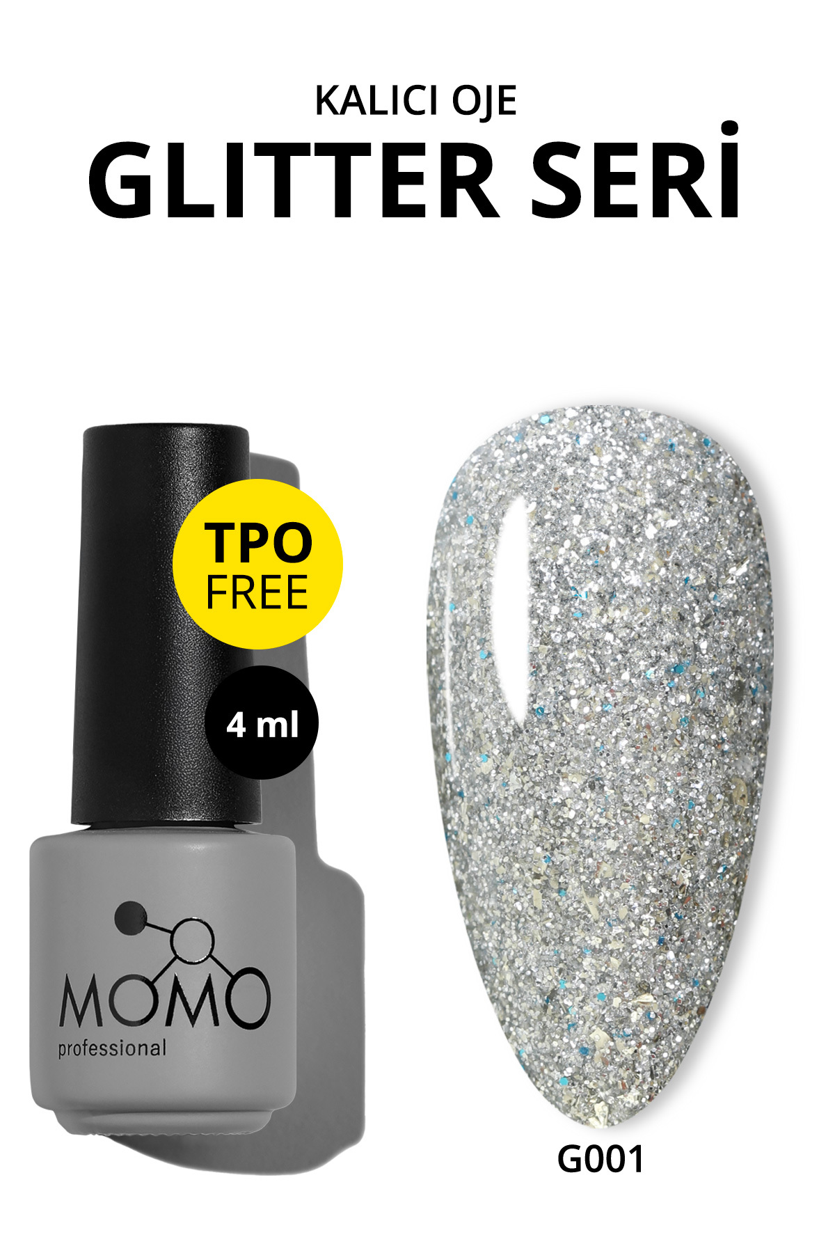 Glitter Kalıcı Oje G001, Yoğun Gümüş Simli, 4 ml — نقره‌ای 8860101A01S01G001 — تصویر 3 از 4