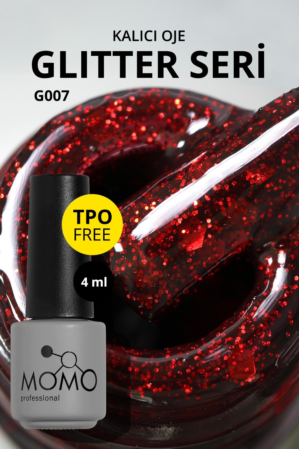 MOMO professional Glitter Kalıcı Oje G007, Kırmızı Parıltılı Şarap, 4 ml — قرمز 8860101A01S01G001