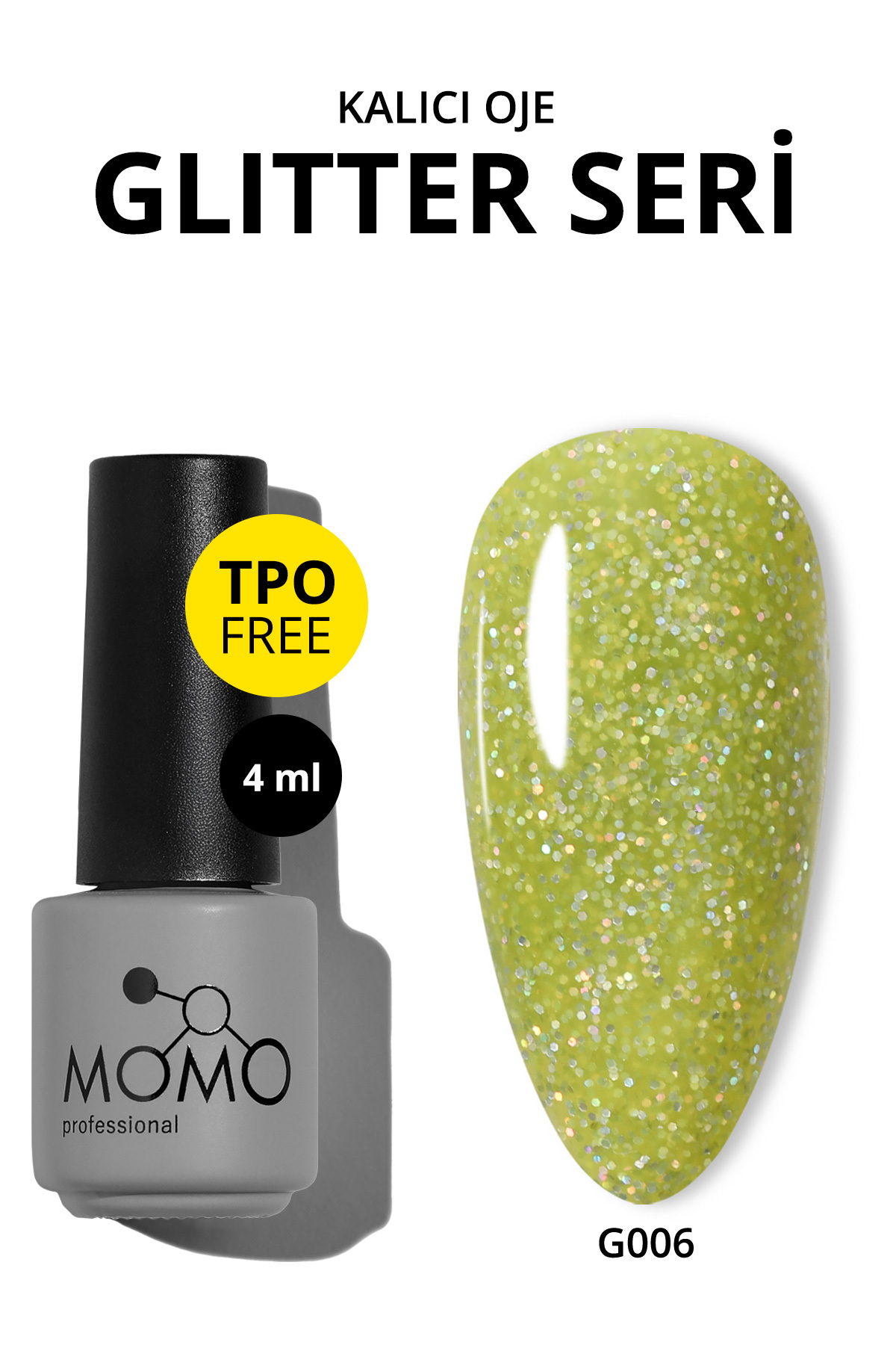 Glitter Kalıcı Oje G006, Lime Yeşili Holografik Simli, 4 ml — زرد 8860101A01S01G001 — تصویر 2 از 4