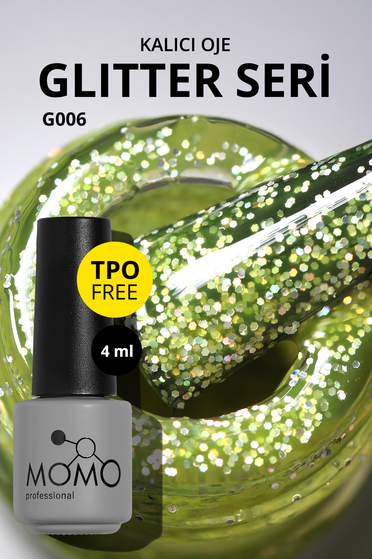 MOMO professional Glitter Kalıcı Oje G006, Lime Yeşili Holografik Simli, 4 ml — زرد 8860101A01S01G001