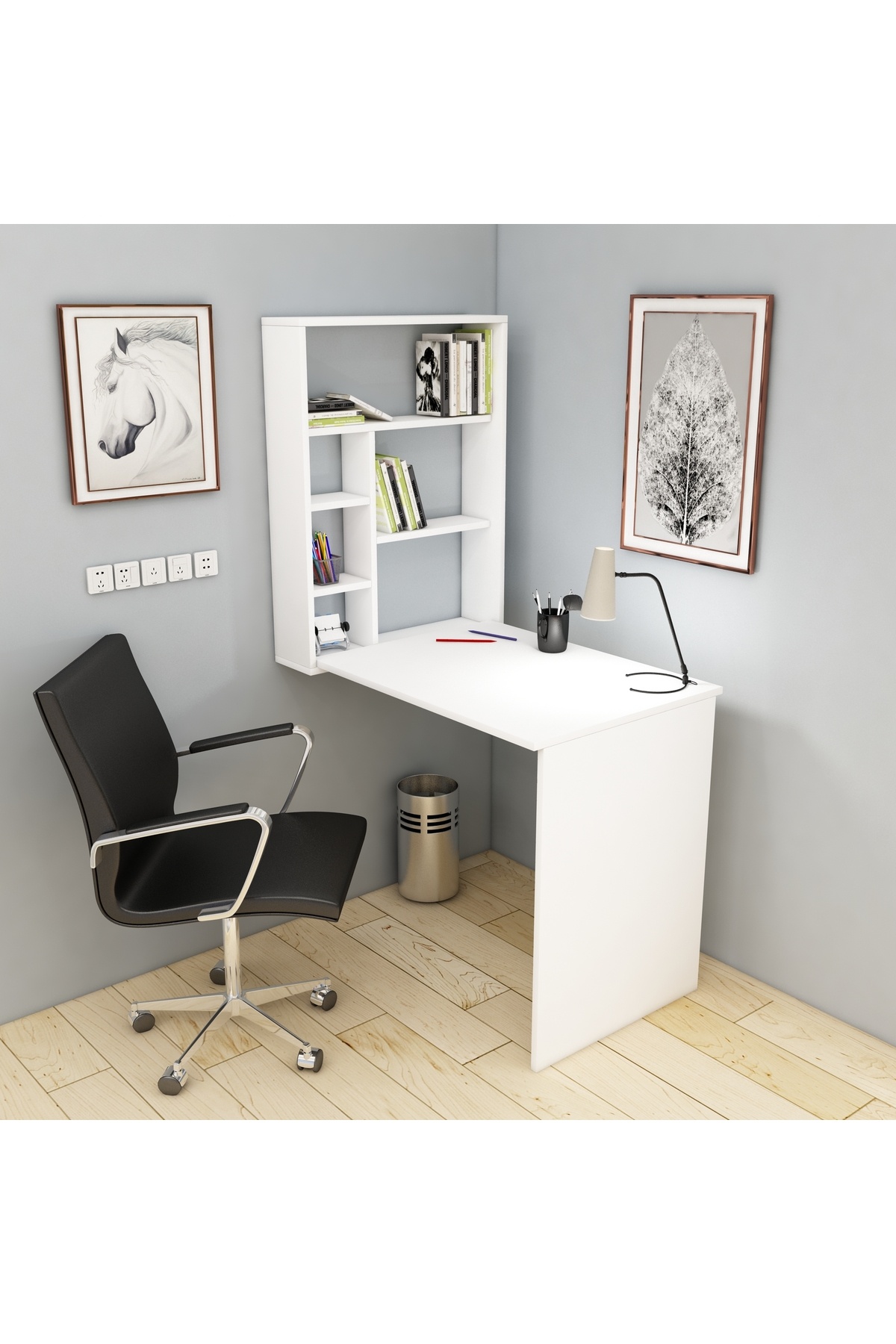 Cedar Wall Mounted Retractable Desk White | Folding Computer Desk with Shelf