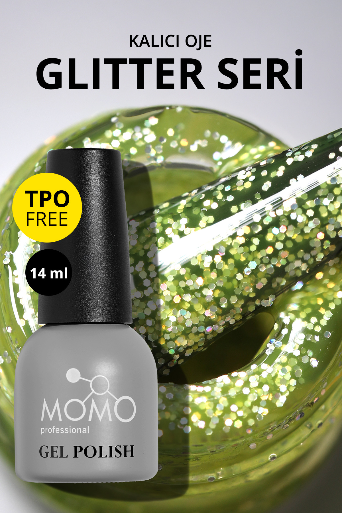 pome✽ MOMO professional Glitter Kalıcı Oje G006, Lime Yeşili Holografik