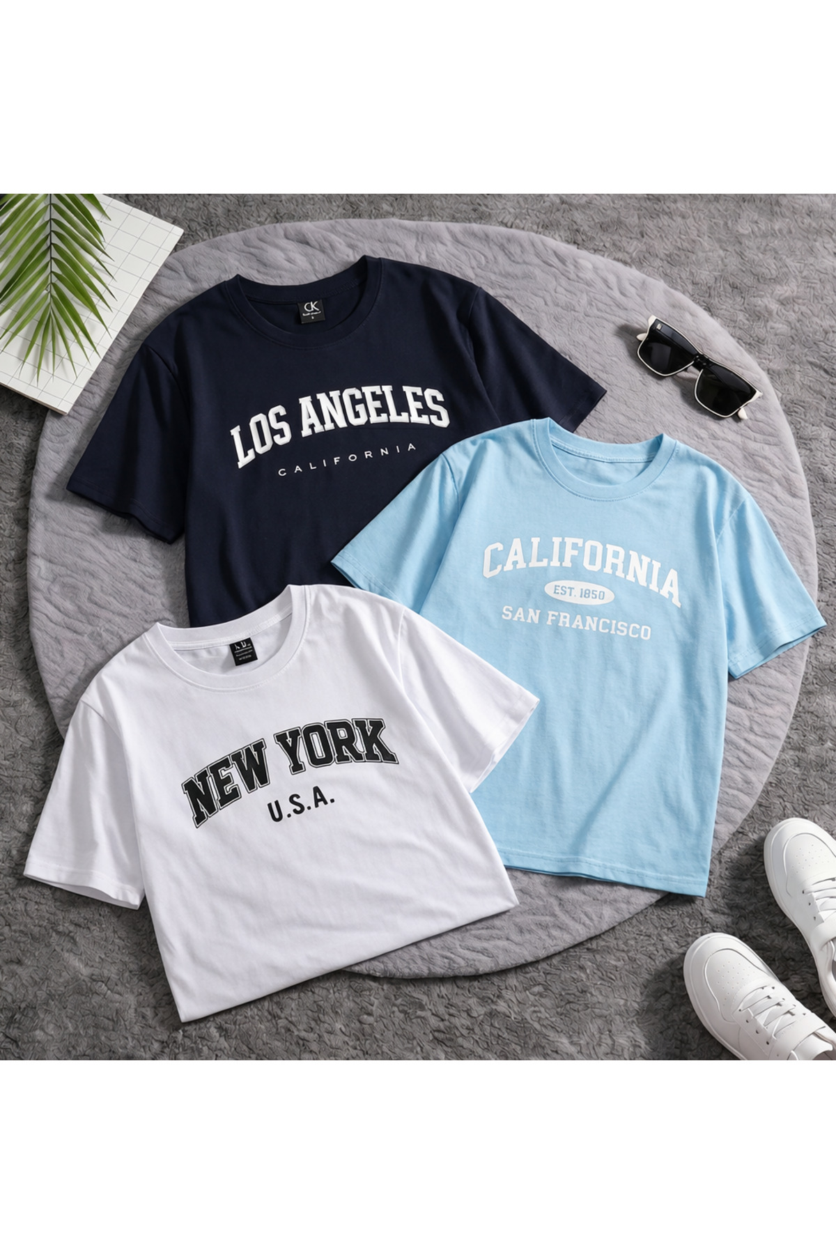 3-Piece Set Basic Printed Cotton Combed Cotton Round Neck Navy Blue-Blue-White T-shirt