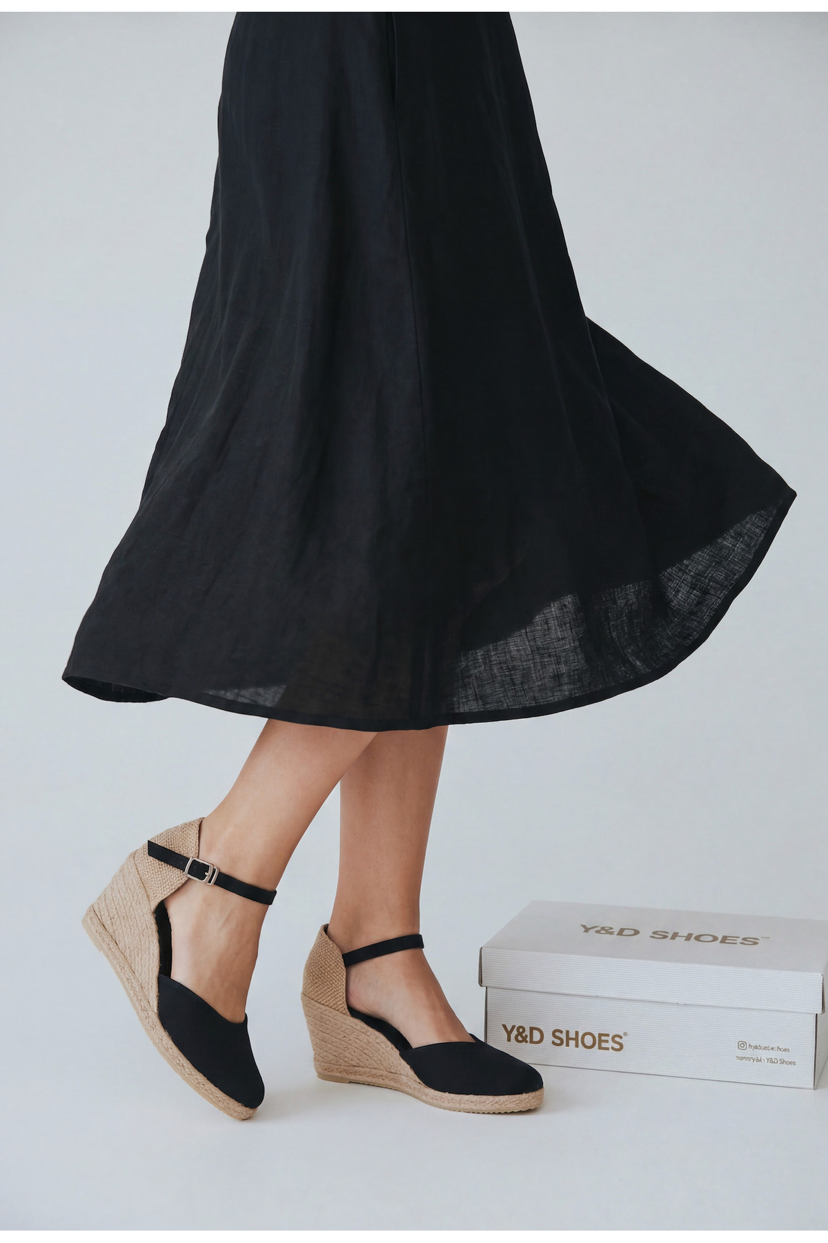 Y&D Shoes %100 El Yapımı Doğal Keten Kadın Espadril - Dolgu Topuk Arkası Açık Hasırlı Keten Sandalet görsel 2