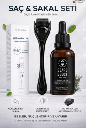 Dermotik Seyrek Saç Sakal Serumu Ve 540 İğneli Dermaroller 1 mm Dezenfektan S...