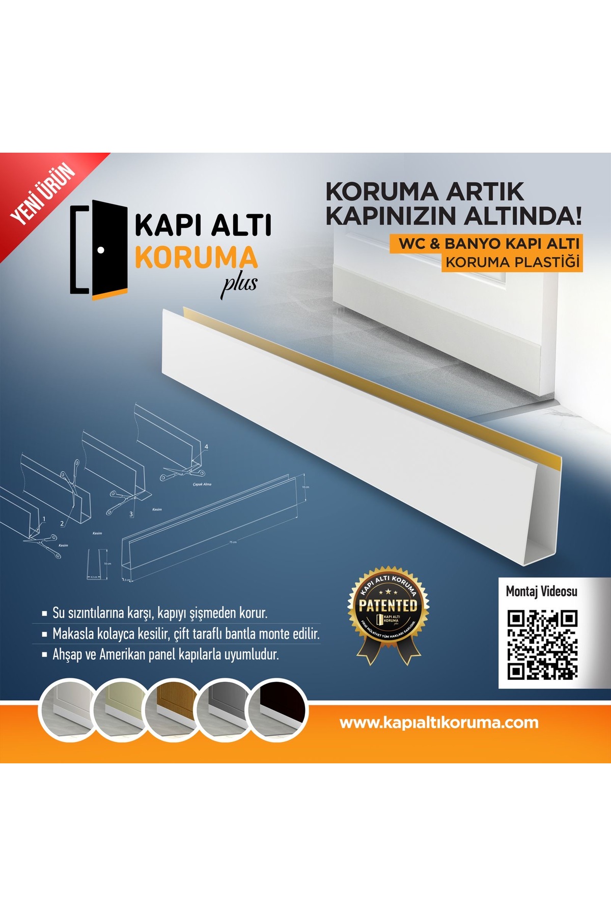 Banyo & Tuvalet Kapı Altı Su Koruyucu – Ahşap Kapılar İçin – U Tipi – Beyaz Plastik