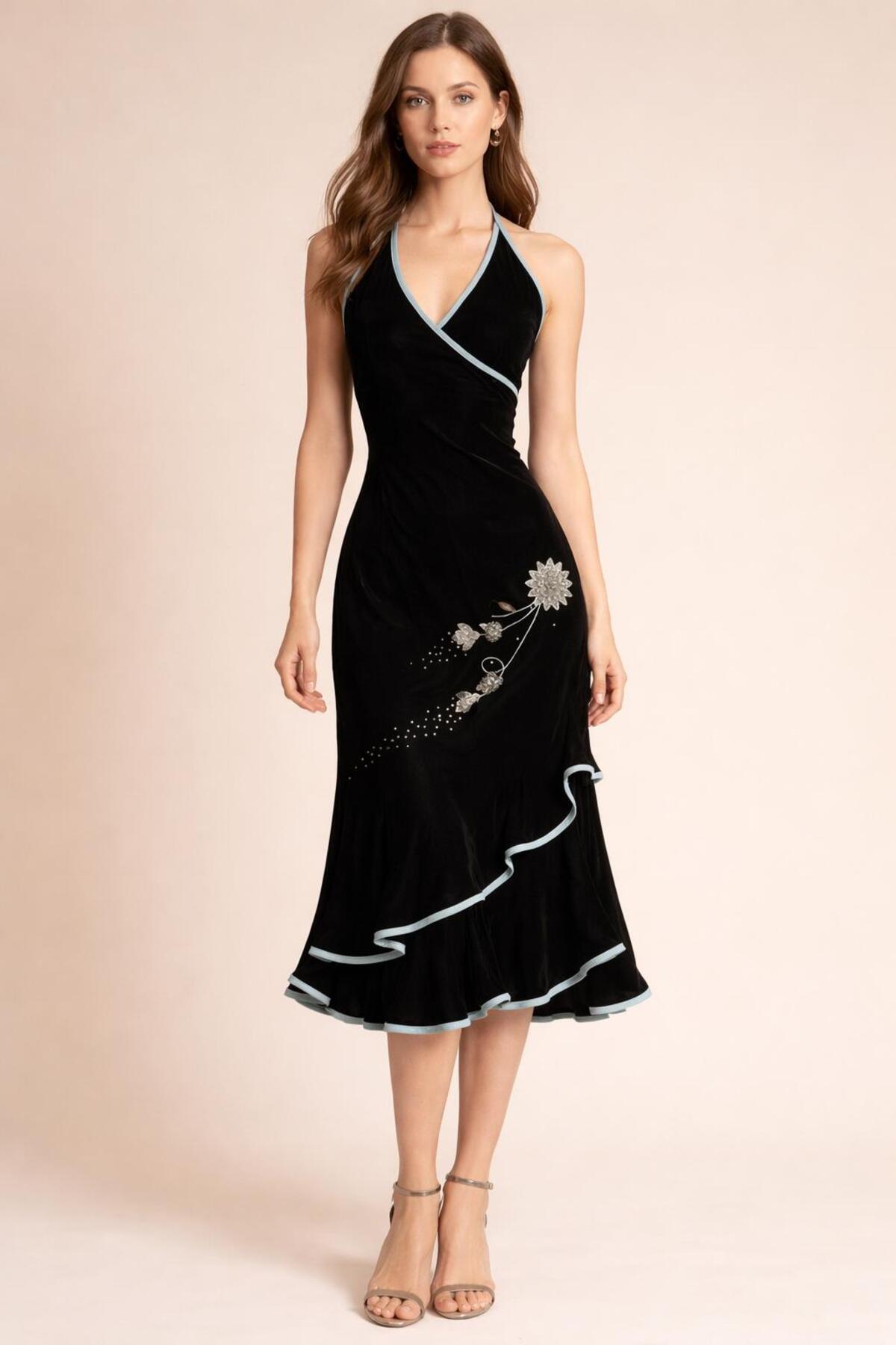 ARS Butik Black Mandarin Collar Lotus Flower Embroidered Stripe Detailed Y2K Dress