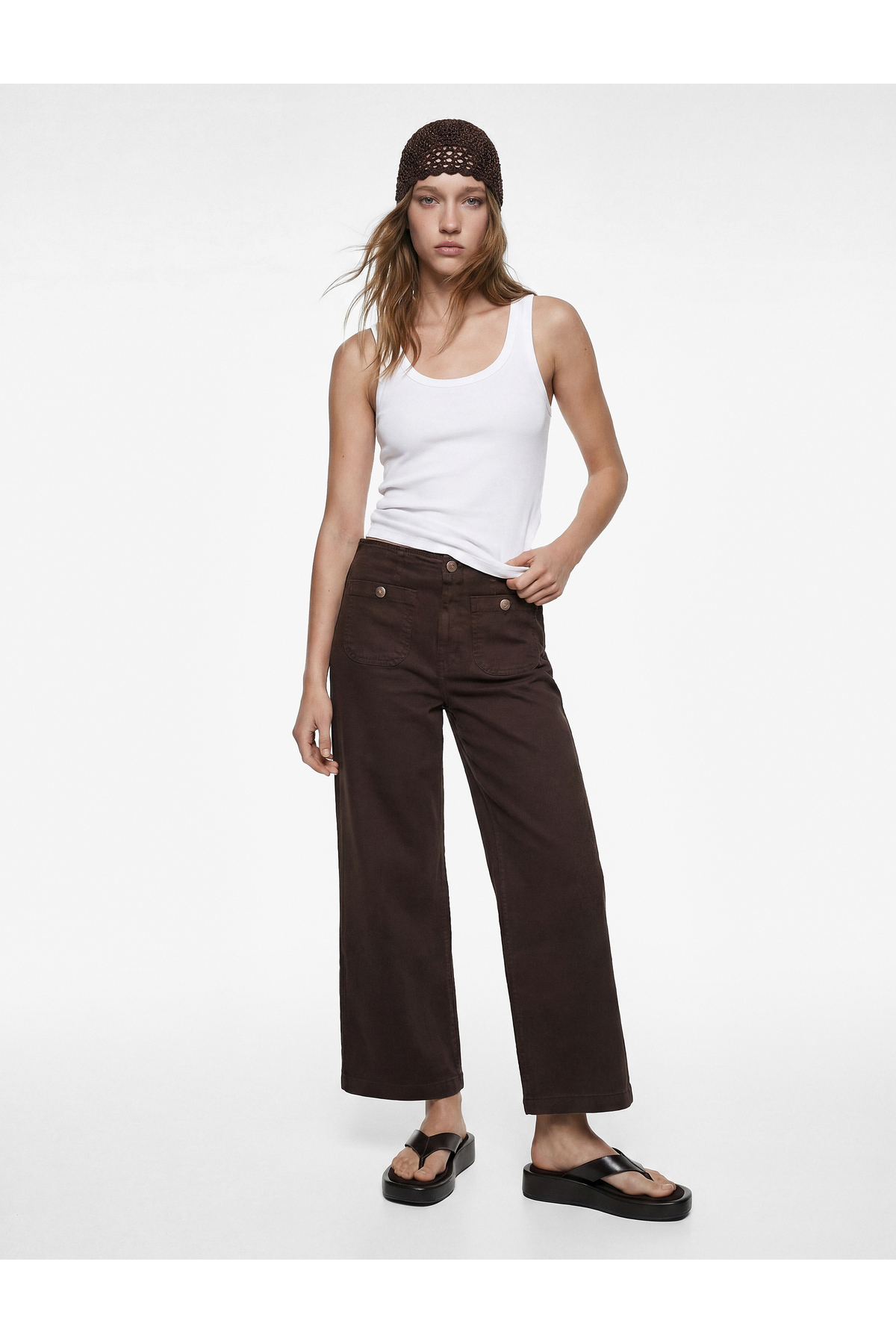 Koton  Yüksek Bel Pamuklu Cep Detaylı Geniş Kısa Paça Pantolon - Culotte Jeans