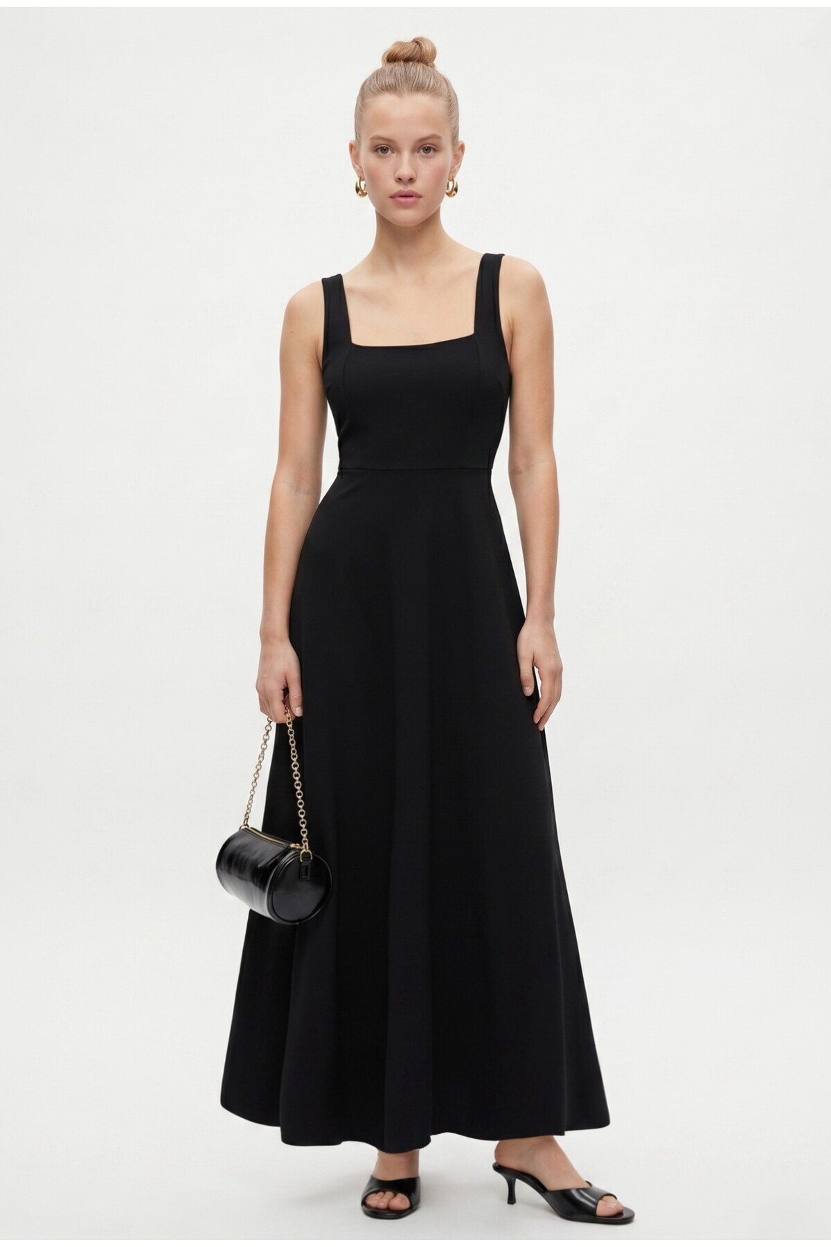 Women's Füsun Back Tied Square Neck Woven Long Black Dress