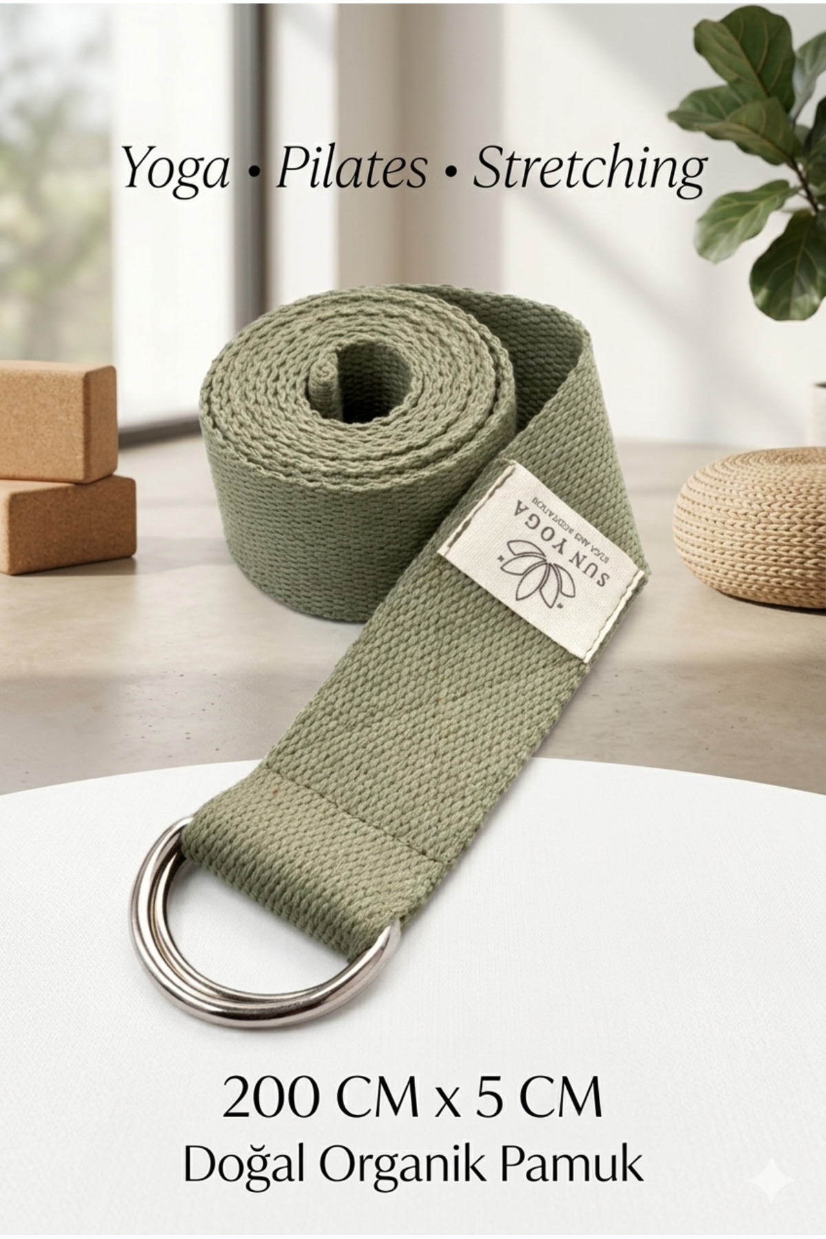 Natural Organic Cotton Yoga Belt Khaki Green 200cm x 5cm Yoga Strap Pilates Stretch Strap Durable