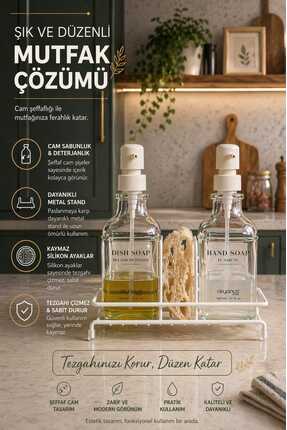 Okyanus Home Beyaz Pompalı ve Standlı İkili Kare Cam Sıvı sabunluk 500ml