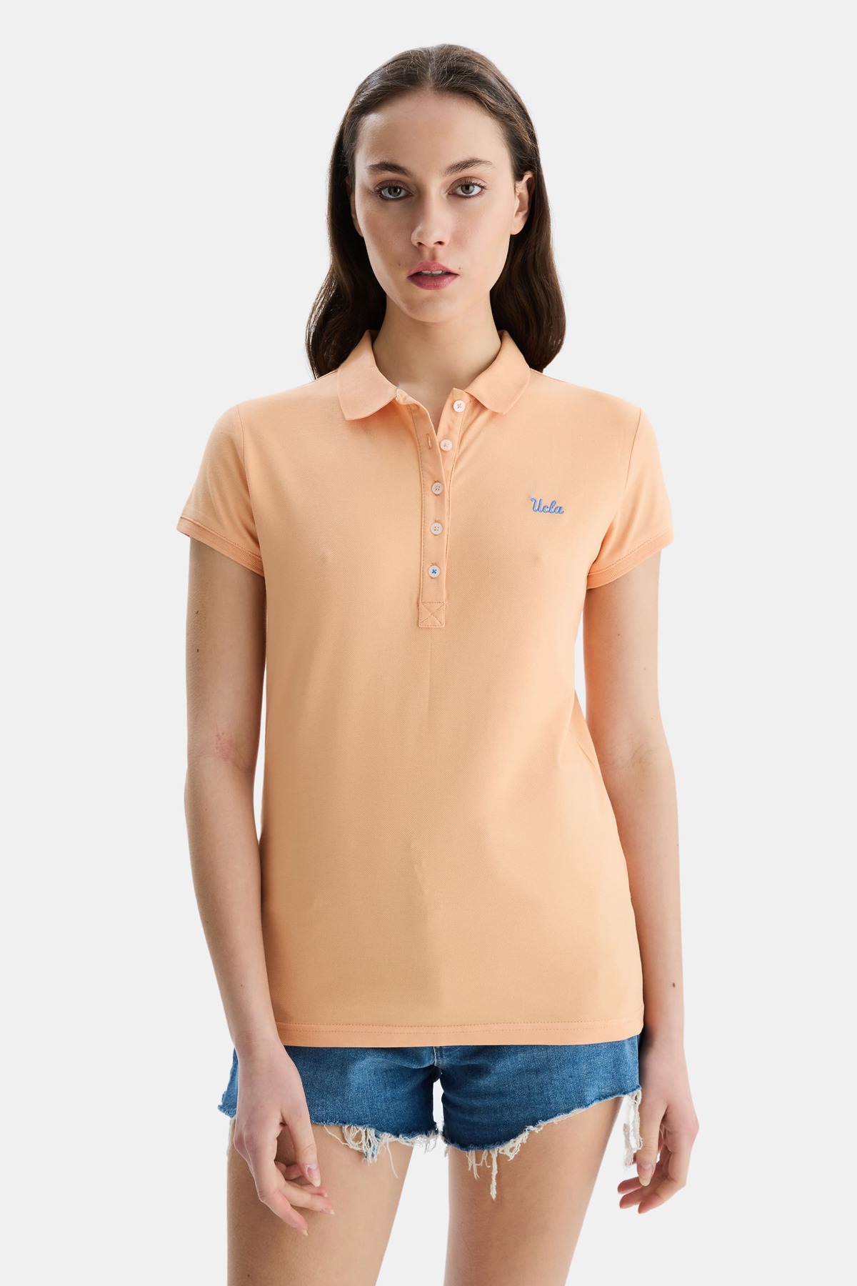 SHAVER Orange Polo Neck Embroidered Cotton Standard Fit Women's T-Shirt