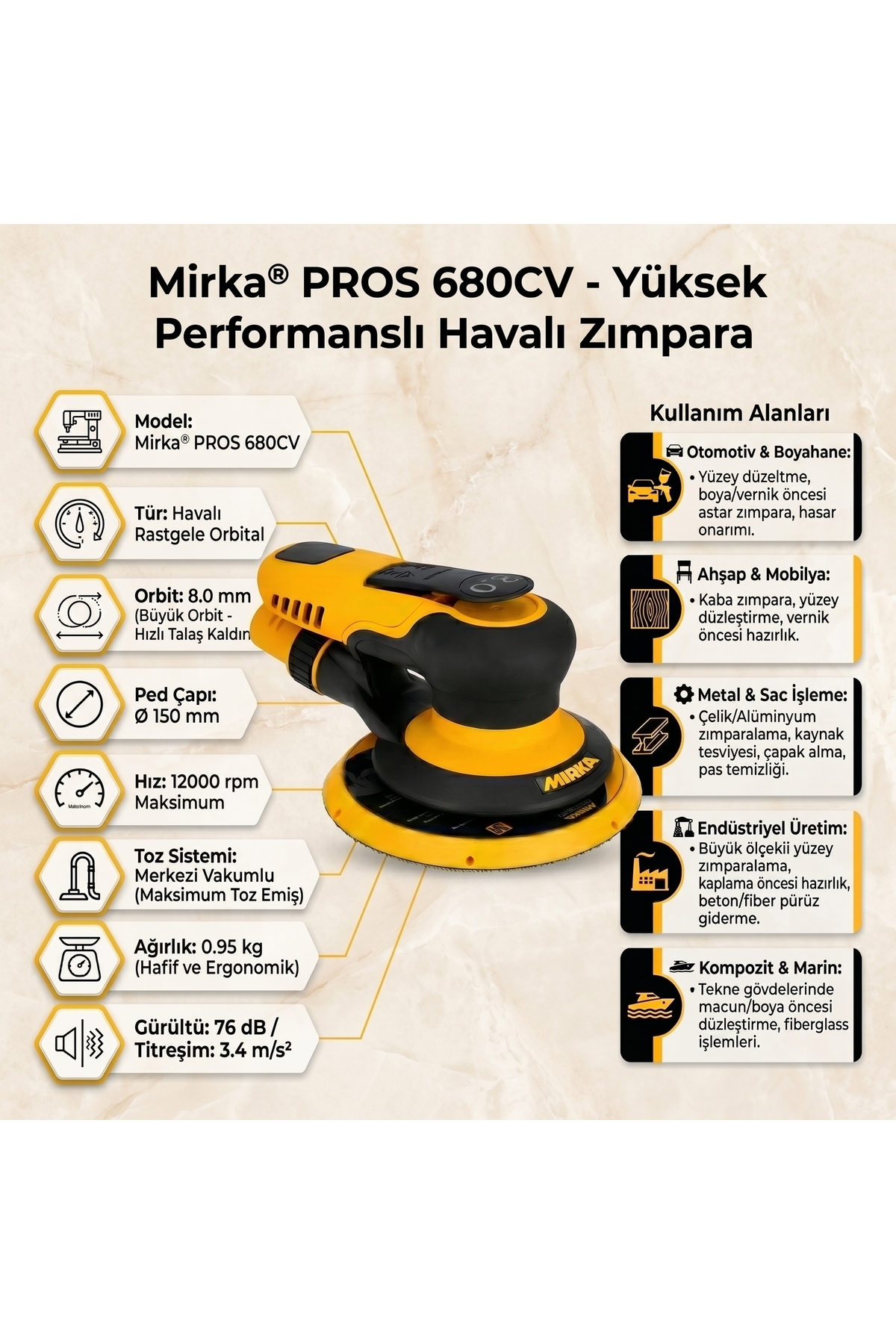 MİRKA Mirka® PROS 680CV Ø 150 mm 8.0 mm orbit Havalı Zımpara