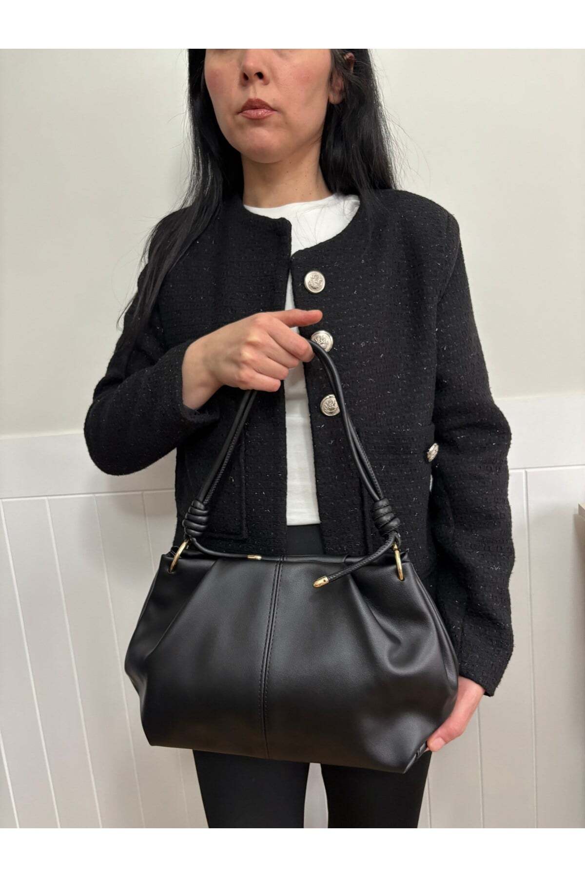 Women's Lotus Model Shirring Detailed Faux Leather Shoulder Bag