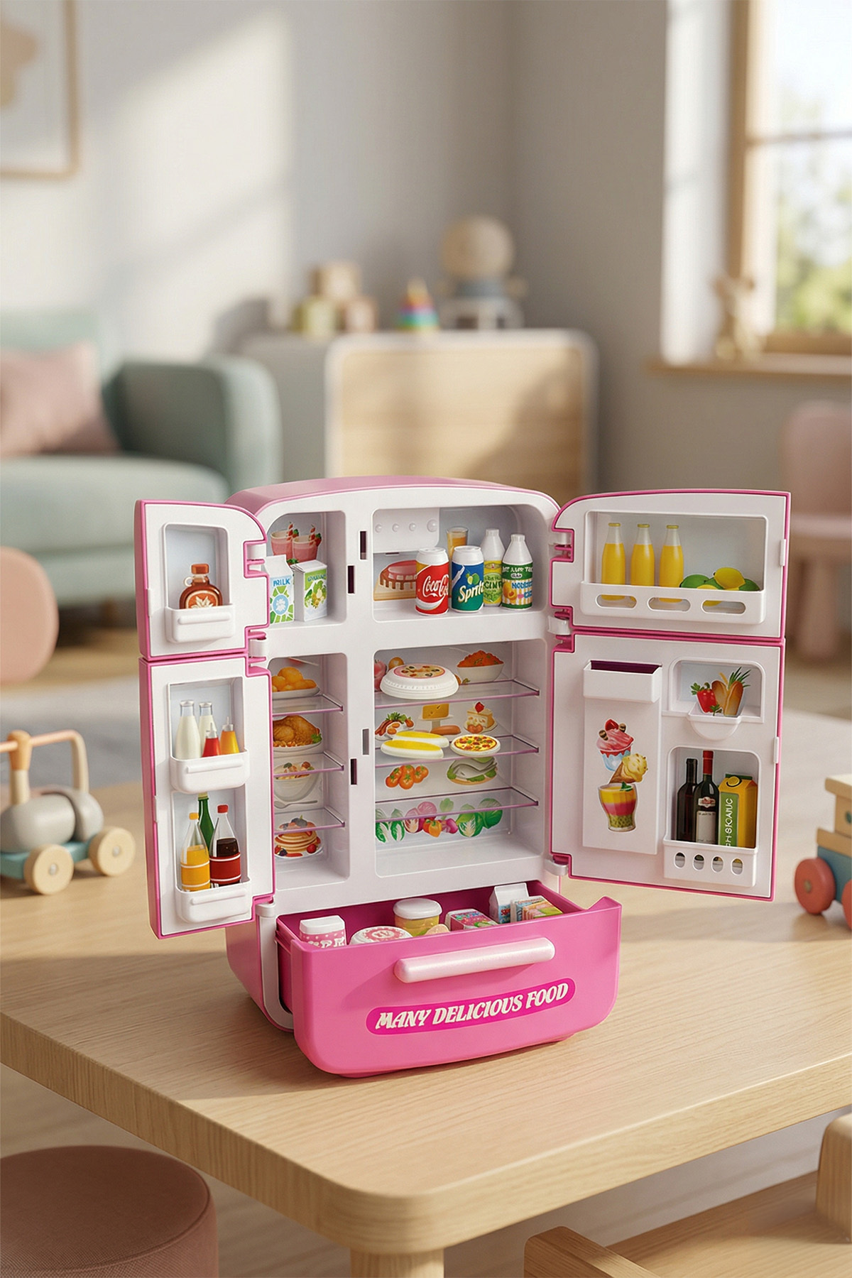 Multi-Door Refrigerator with Light and Sound – Educational Household Set with 11 Accessories