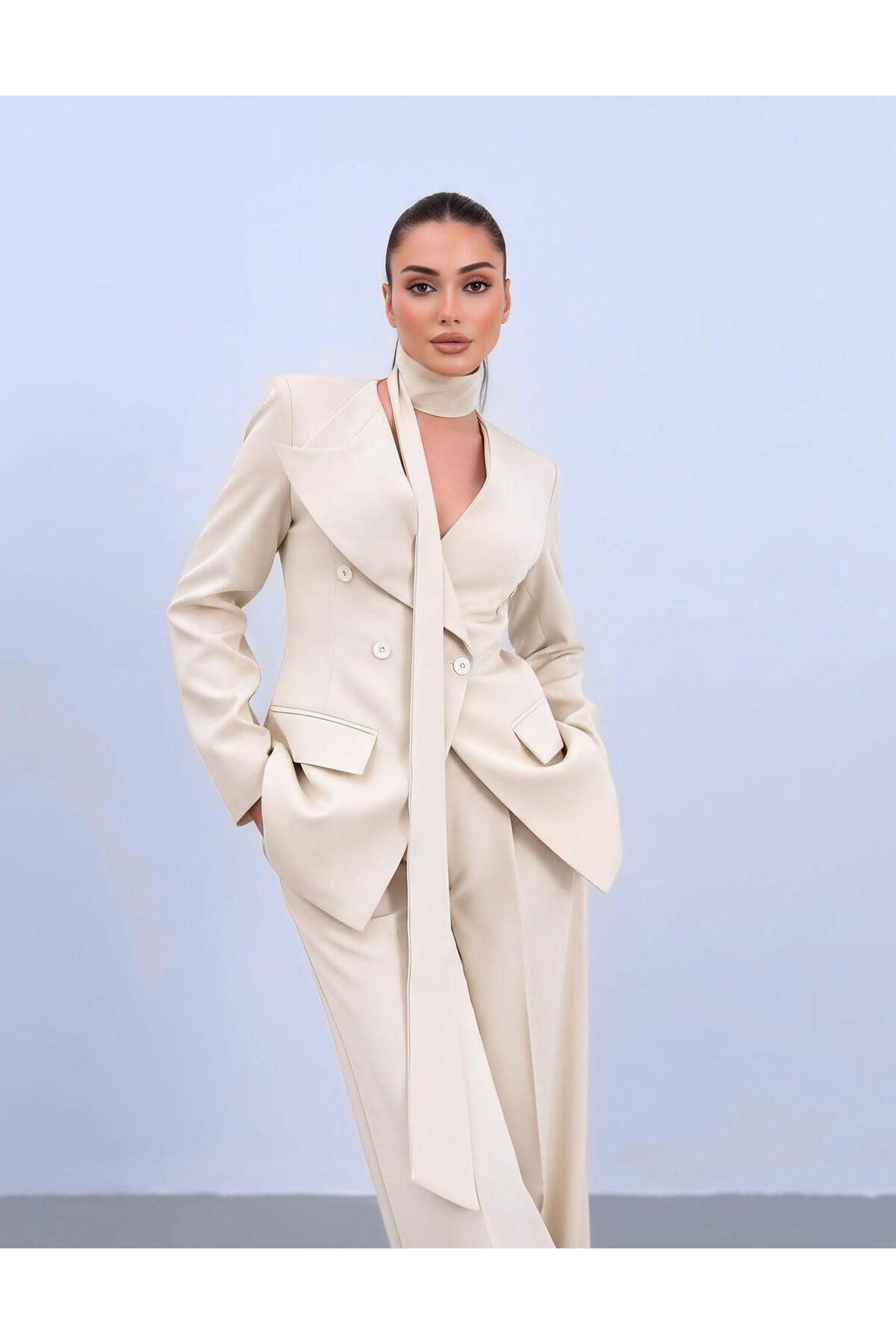 Neck Tied Premium Cream Double Breasted Jacket Set