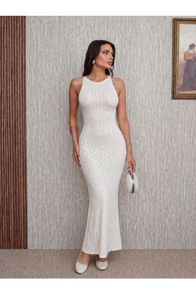 RAMİOR COLLECTION Kadın Fitilli Triko Maxi Elbise Halter Yaka Vücuda Oturan Y...