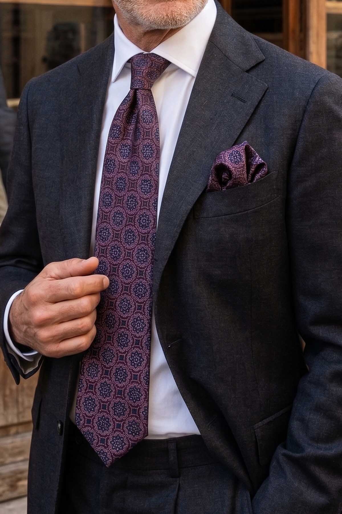 Damson Motif Pattern Handkerchief Classic Tie KK12674