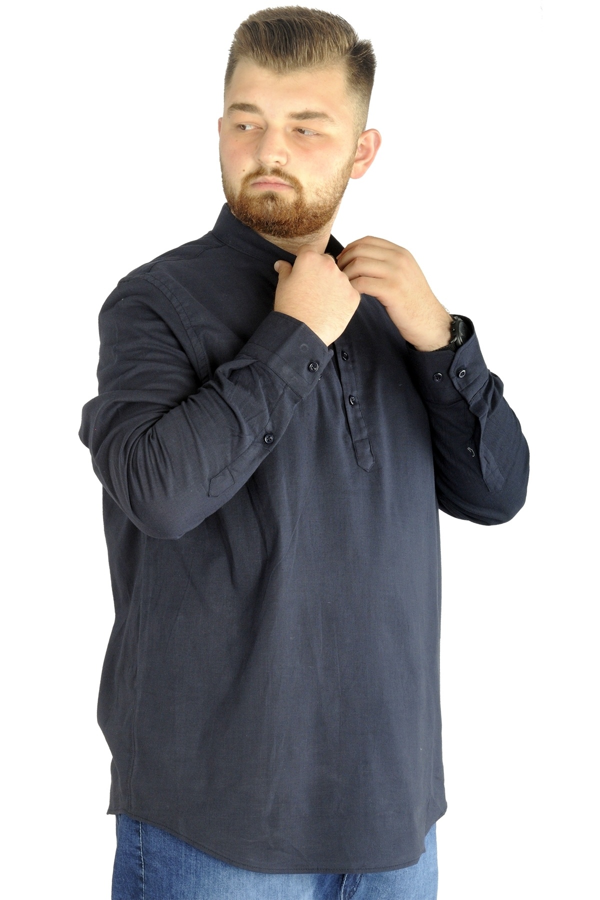 ModeXL Mode Xl Büyük Beden Erkek Keten Likralı Ukol Hakim Yaka Gömlek 20388 Lacivert görsel 2