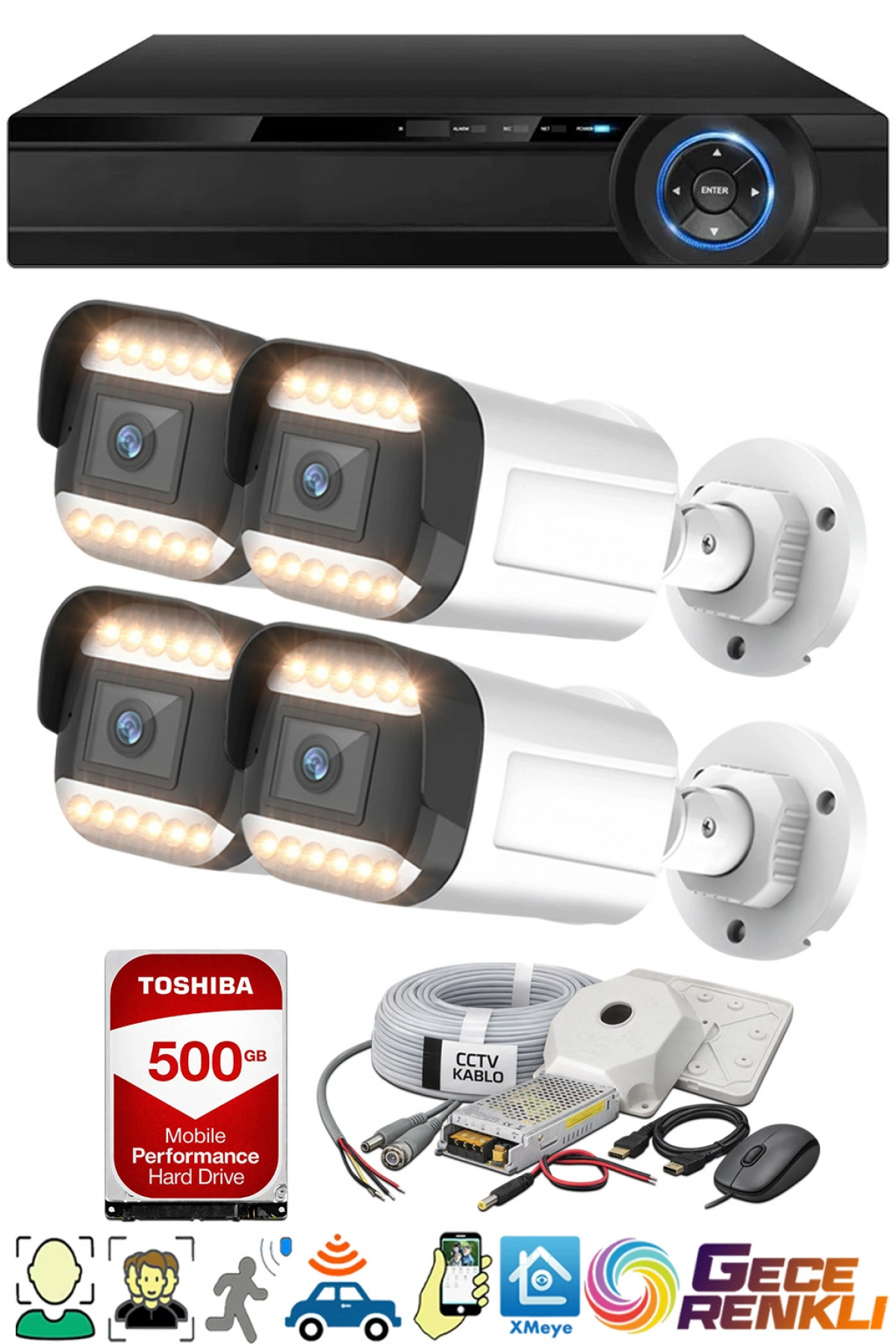 J-TECH 5MP 7070 Renkli Gece Görüşlü 4 Lü 500GB Akıllı Güvenlik