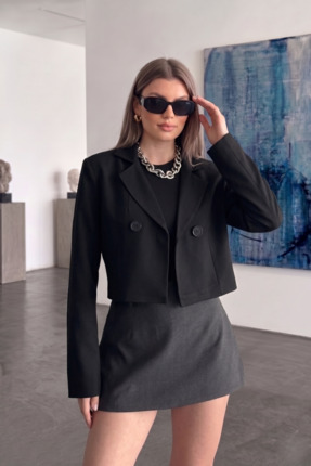 Jaglion New Season Çift Düğme Detaylı Kadın Crop Blazer Ceket