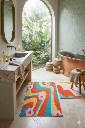 Homeilla 2’li Banyo Paspas Takımı - Retro Çiçekli & Saykodelik Dalga Desenli ...