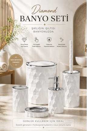 Store Hgy Home Krom Detaylı Kırık Beyaz Diamond 5'li Banyo Seti