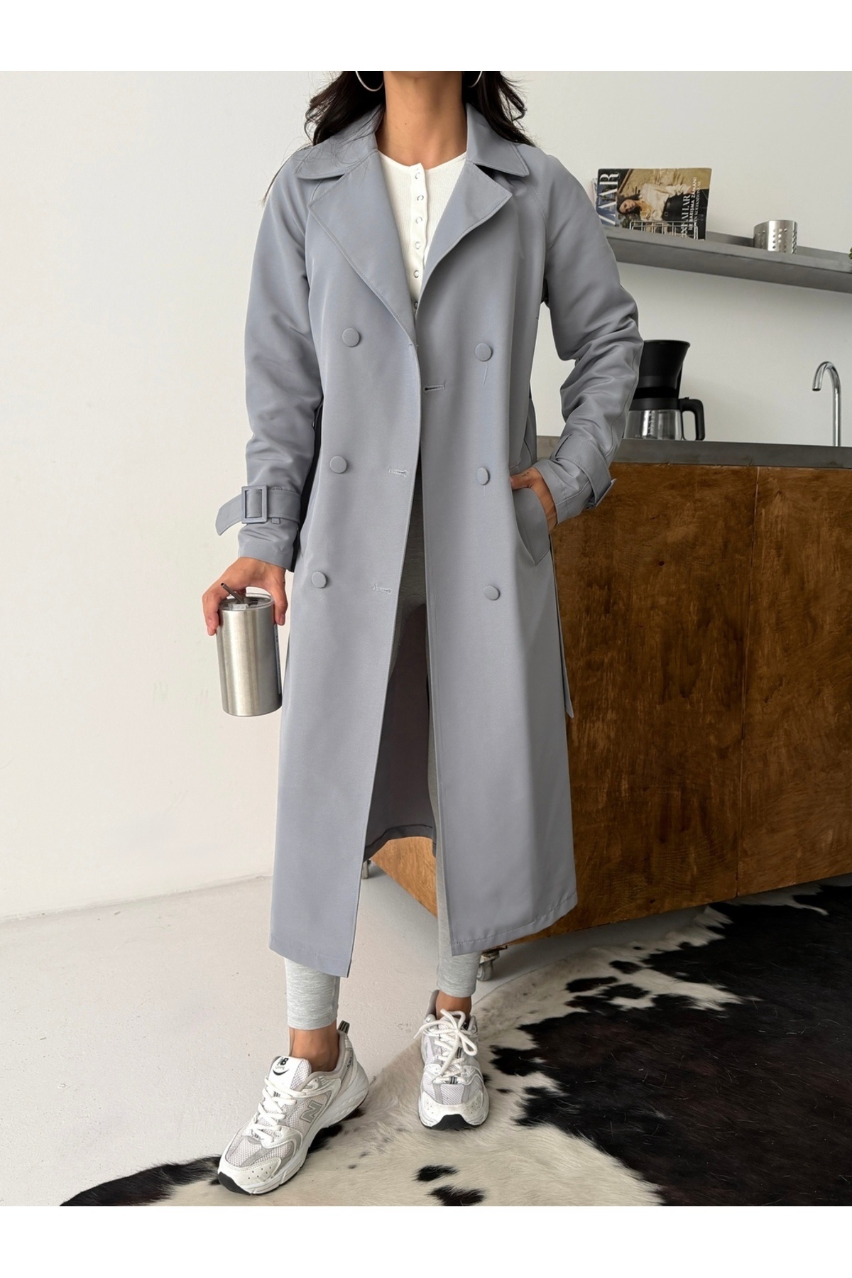 comstar Kadın Klasik Cepli Kuşaklı Trend Midi Gri Trençkot görsel 7