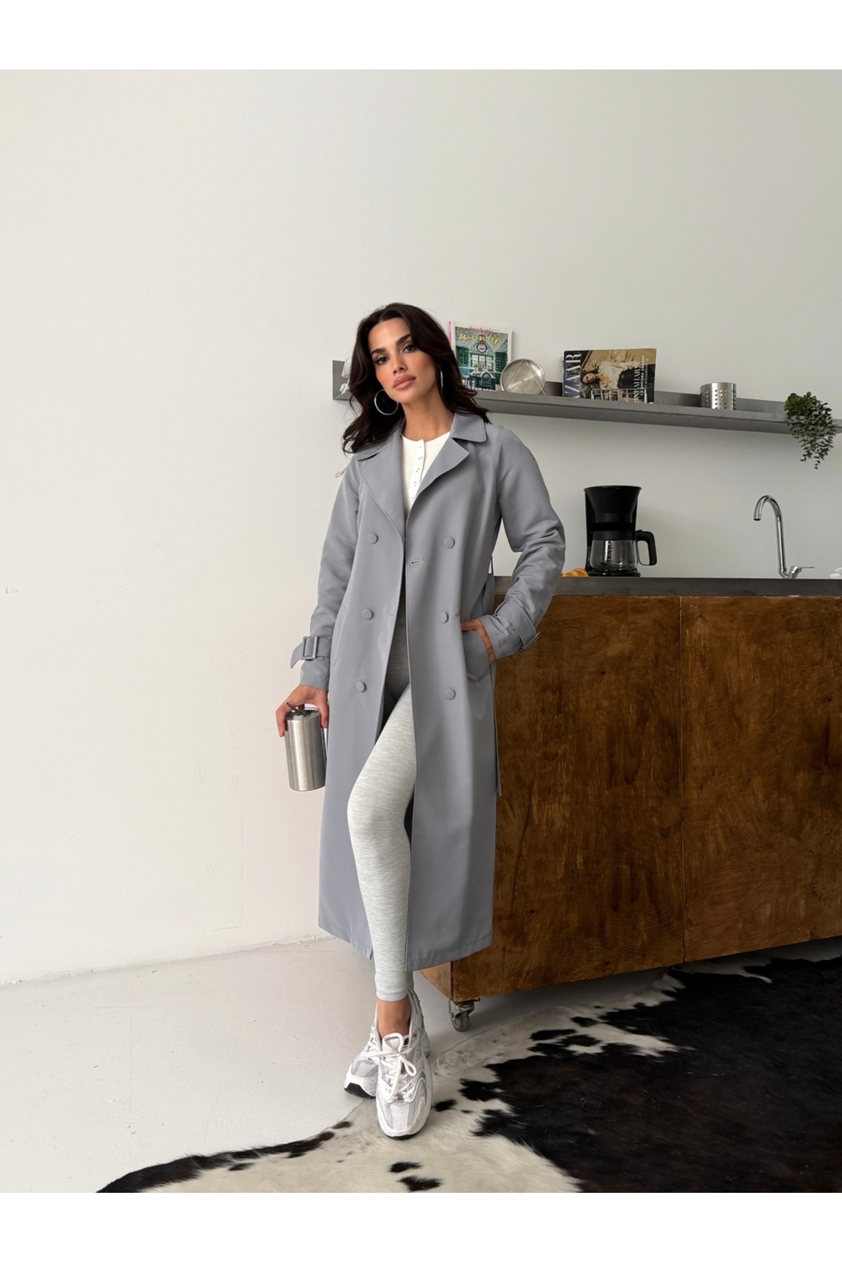 comstar Kadın Klasik Cepli Kuşaklı Trend Midi Gri Trençkot görsel 3