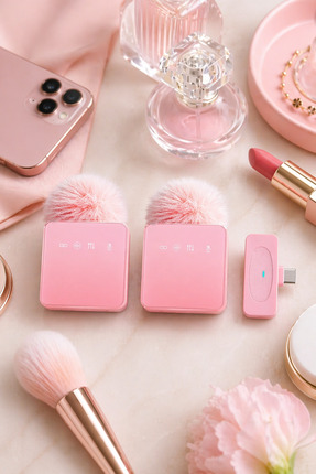 Zilvana PuffMic Pembe Tüylü Kablosuz 2'li Yaka Mikrofonu Type-C Lighting Uyum...