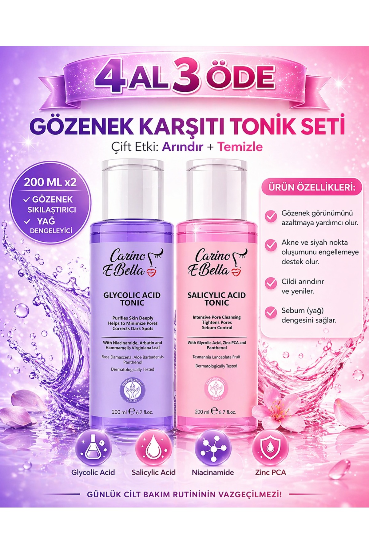 Carino E Bella Gözenek Karşıtı Tonik Seti Tüm Cilt Tipleri İçin 200ml x 2 — glikoliksalisiliktonikset