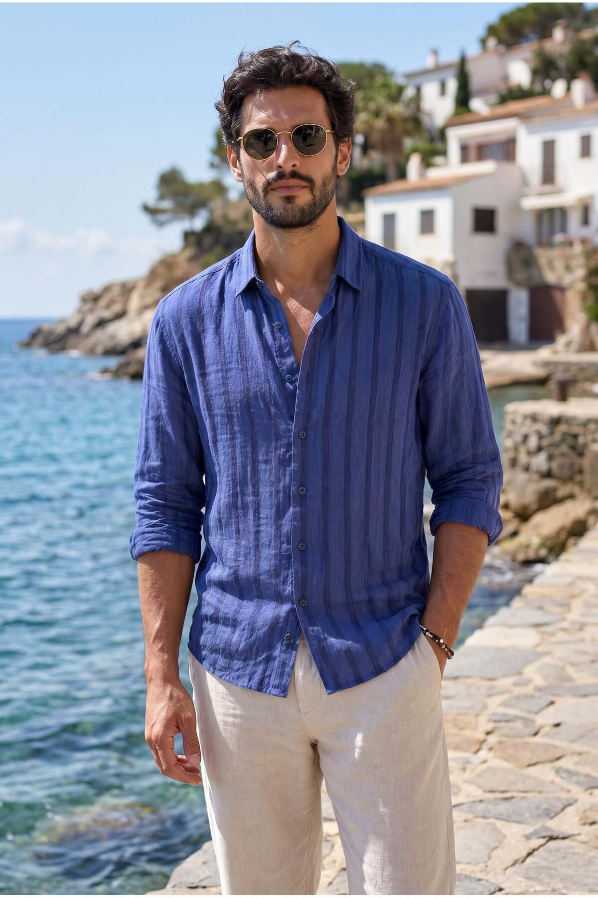 Ralph Striped Soft Textured Comfortable Summer Men's Shirt - Navy