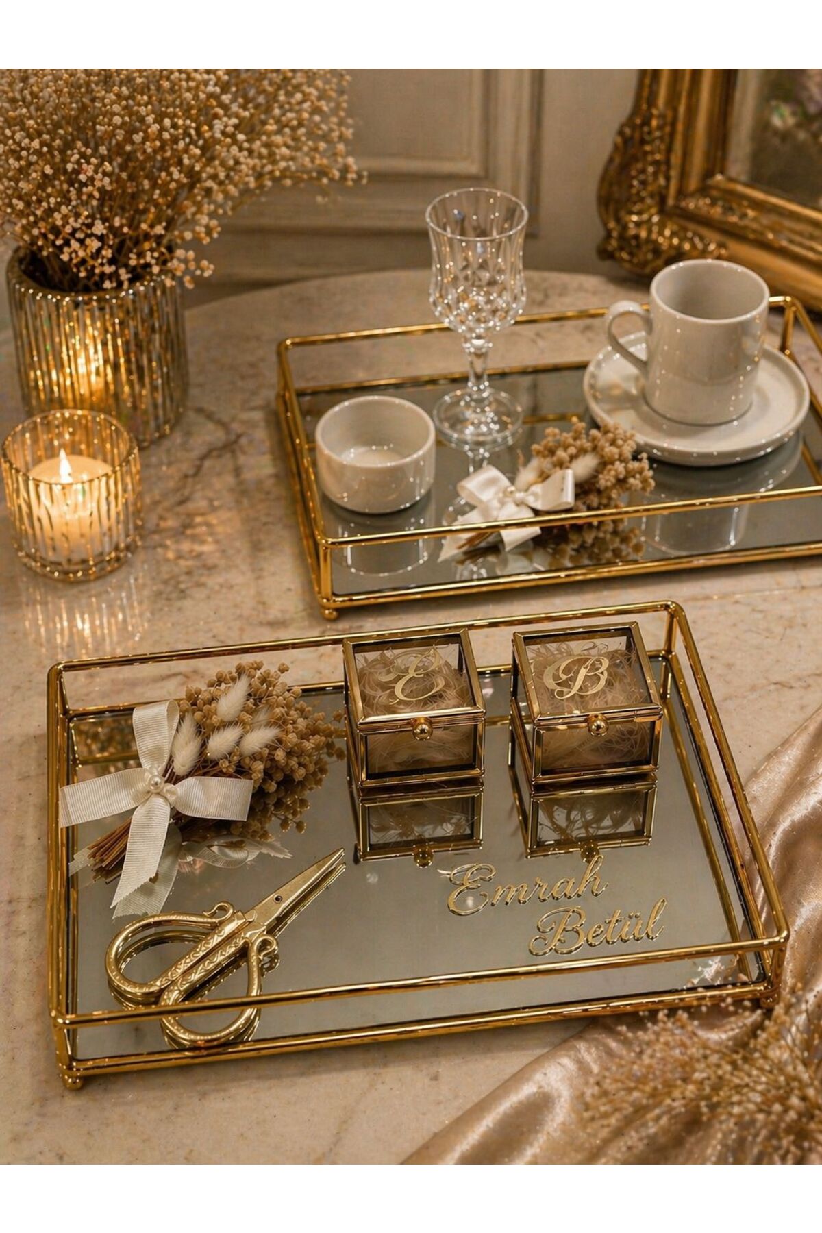 JIMBEAM 非売品ノベルティ　真鍮製灰皿　ash tray 未使用2個セット Nura Collection Gold Dikdörtgen Camlı Söz Nişan Tepsi Seti , Gold