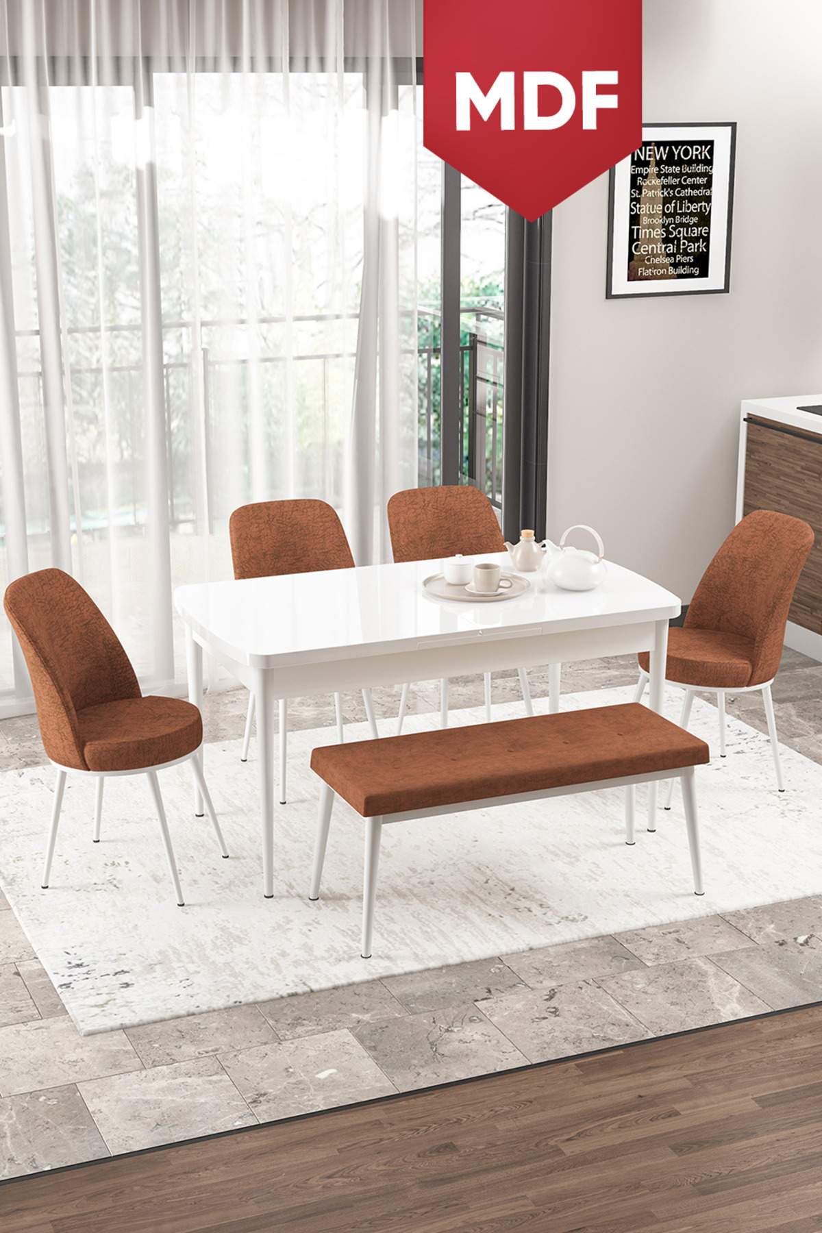 Via Series MDF Retractable Kitchen Table Set White Table 4 Tile Chair 1 Bench