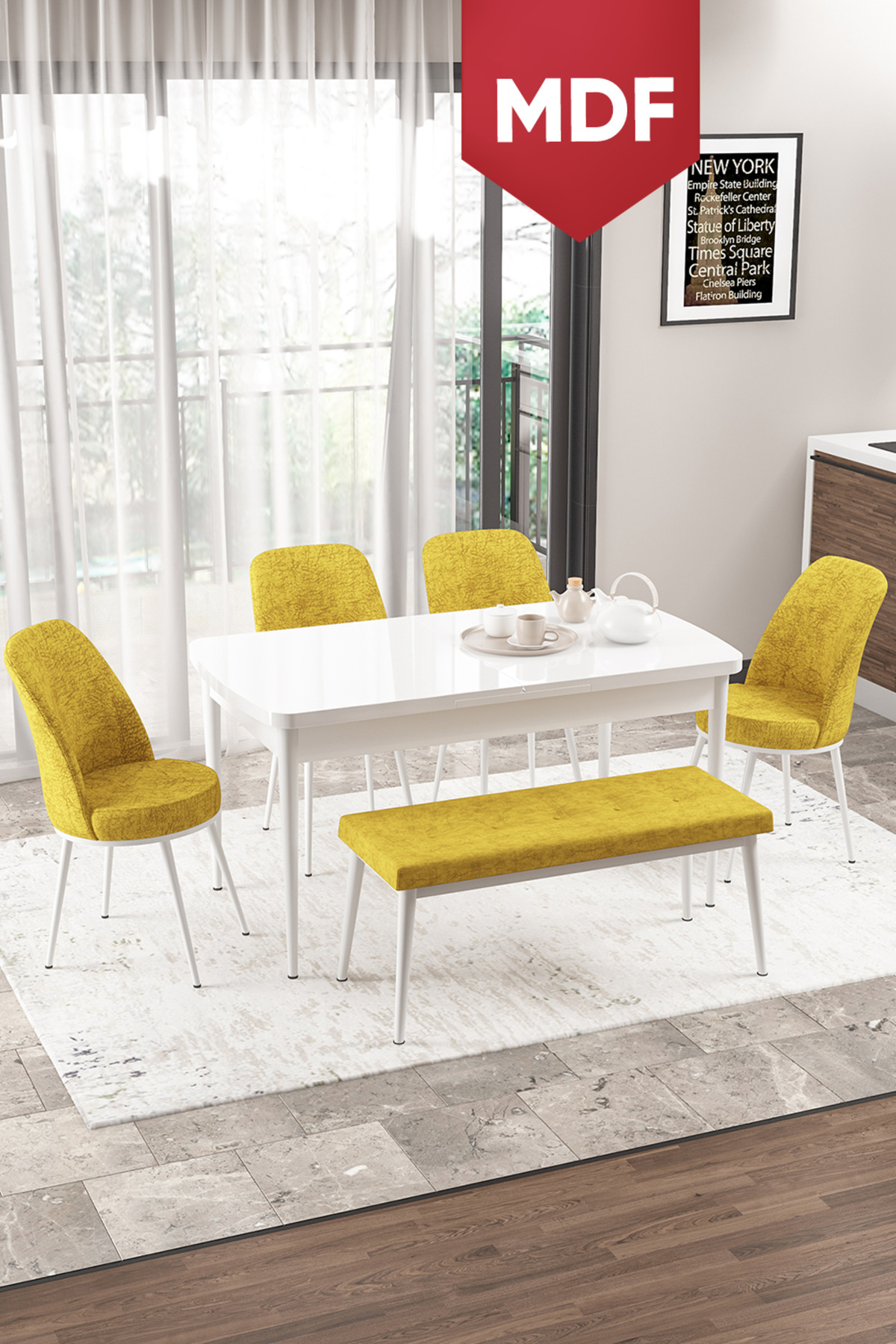 Via Series MDF Kitchen Table Set White Table 4 Mustard Chairs 1 Bench
