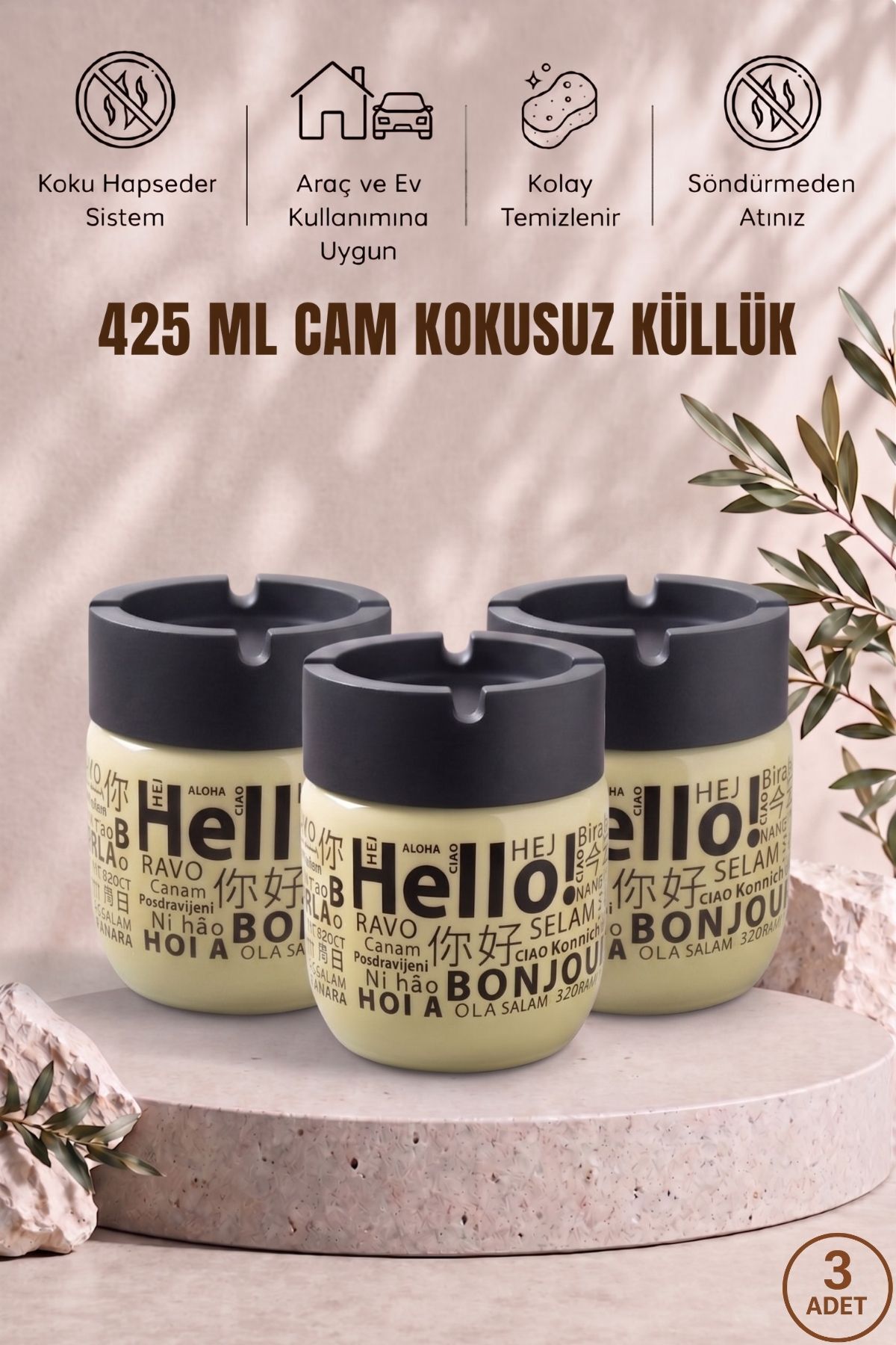 Hello Printed 3 Pieces Glass Unscented Ashtray | Smokeless | Decorative Glass Ashtray with Anti-Wind Cover | 425 ML | Yellow