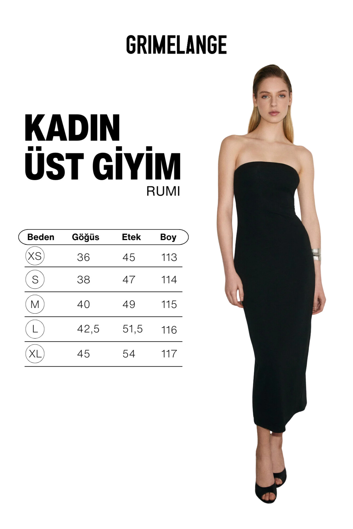 GRIMELANGE RUMI Kadın Yumuşak Ve Esnek Kumaşlı Straplez Yaka Uzun Siyah Elbise görsel 5