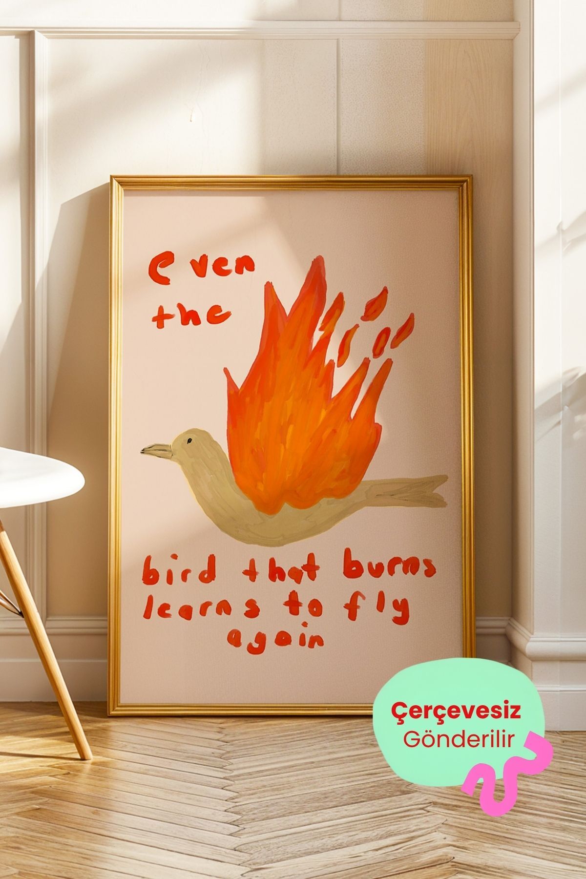 Yazılı Kuş Tablo Alevli Modern Poster Duvar Dekoru Çerçevesiz