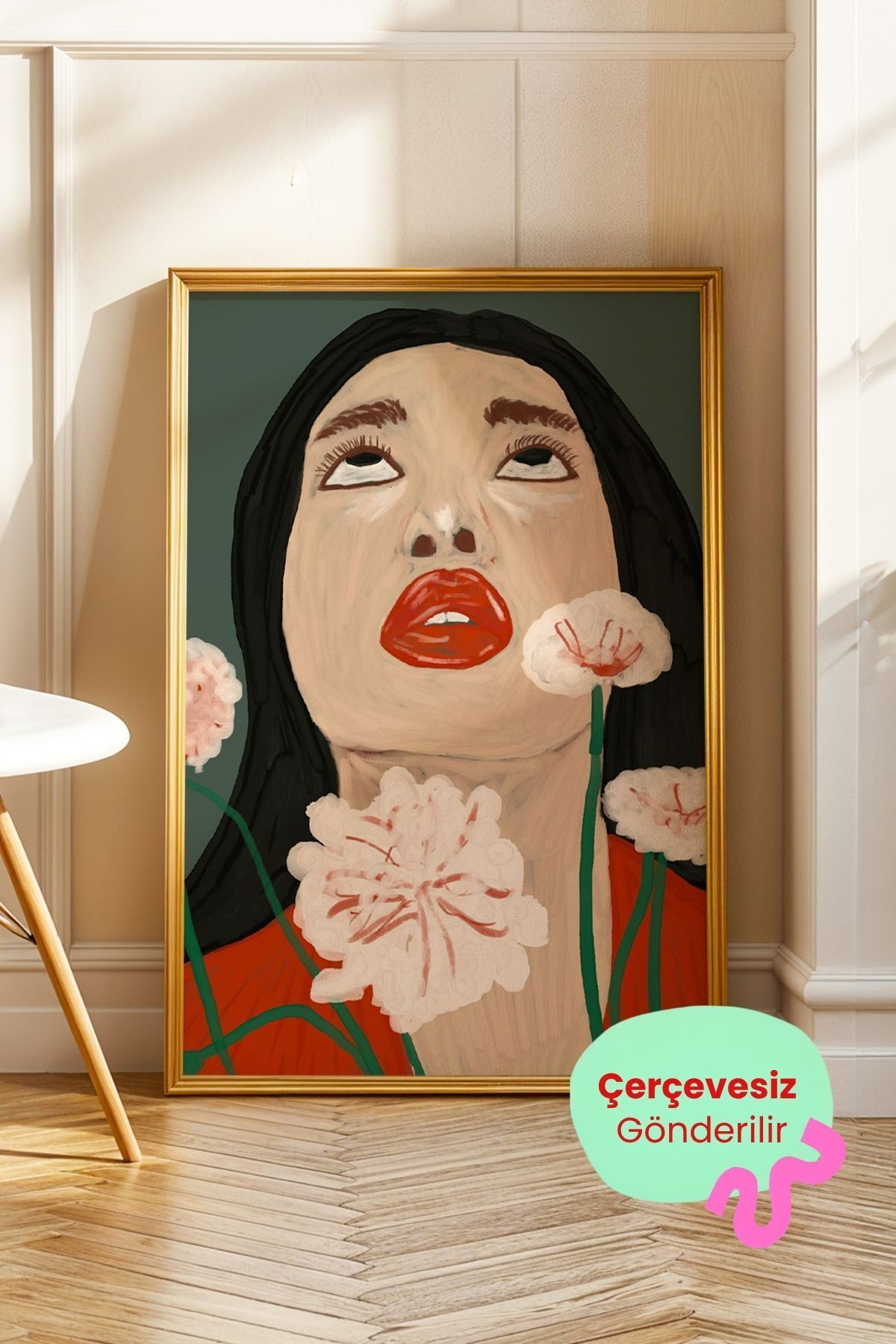 Kadın Portre Çiçekli Tablo Modern Duvar Tablosu Dekoratif Poster – Çerçevesiz