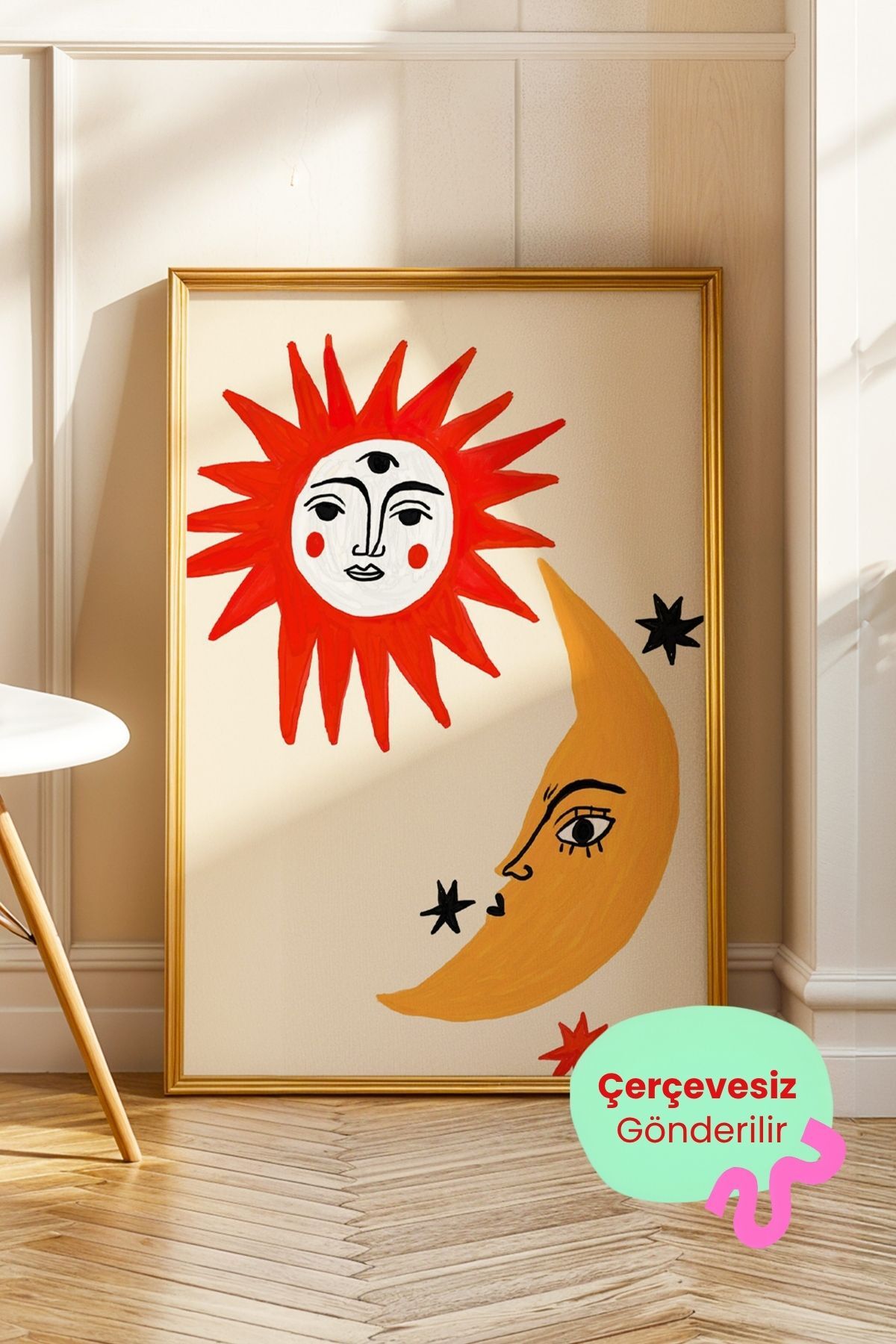 Güneş ve Ay Figürlü Poster Mistik Bohem Duvar Dekoru Çerçevesiz