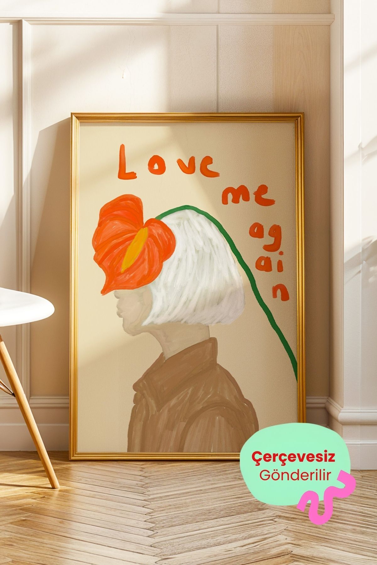 Turuncu Çiçekli Kadın Portre Posteri Modern Dekoratif Duvar Tablosu Çerçevesiz