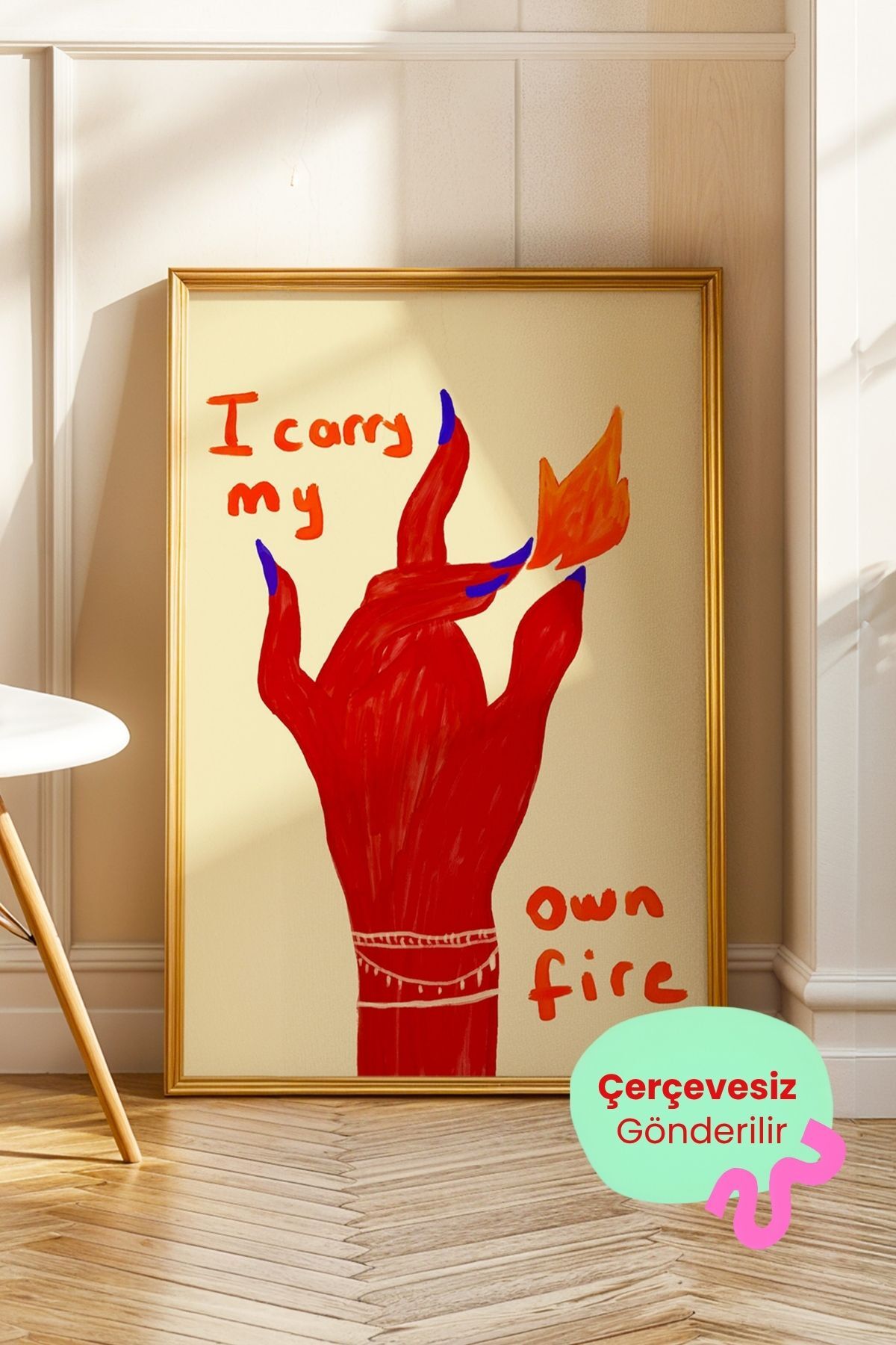 Ateş Tutan El Tablo Yazılı Poster Modern İllüstrasyon Duvar Dekoru Çerçevesiz