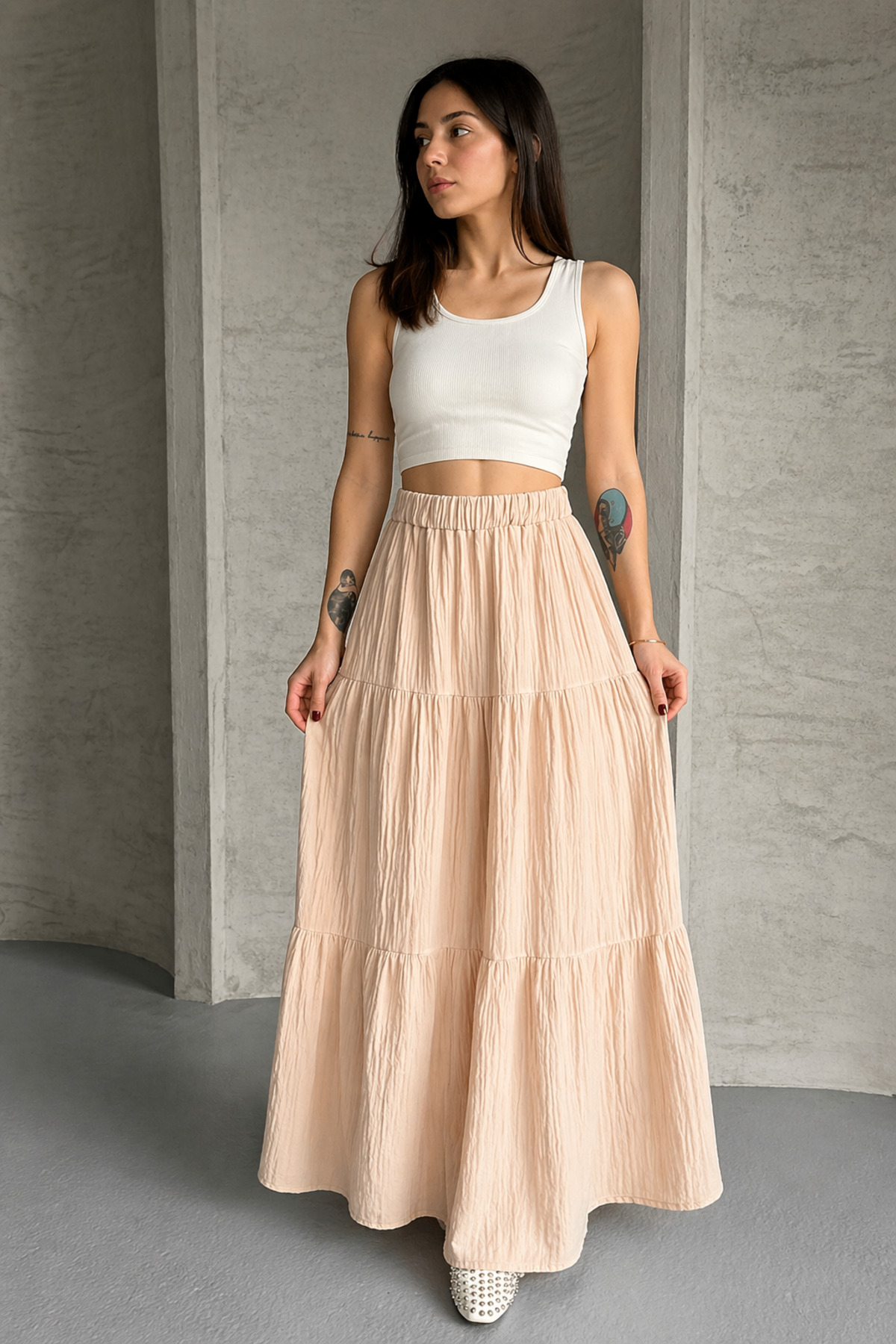 Shirred Layered Beige Muslin Fabric Long Skirt