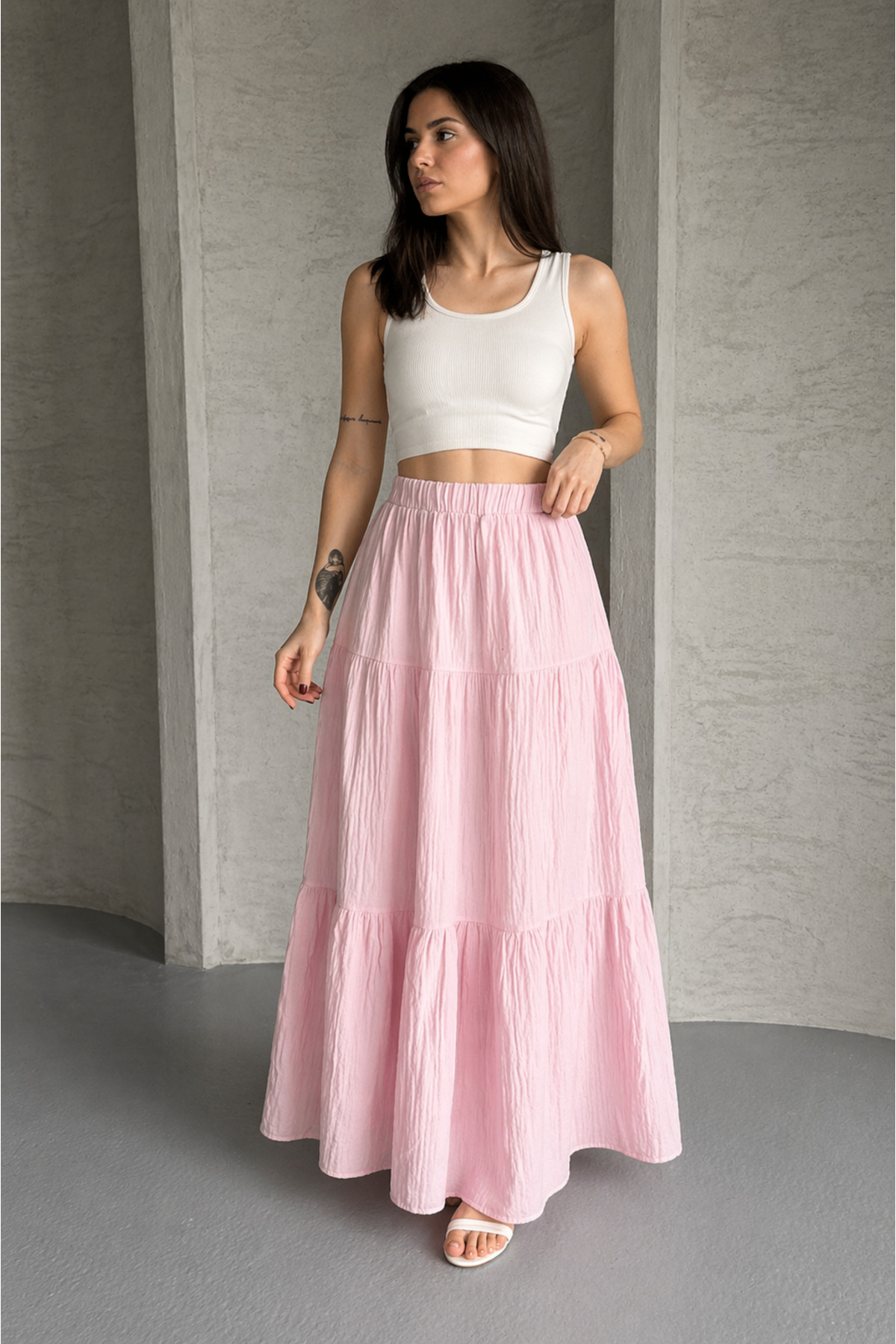 Shirred Layered Pink Muslin Fabric Long Skirt