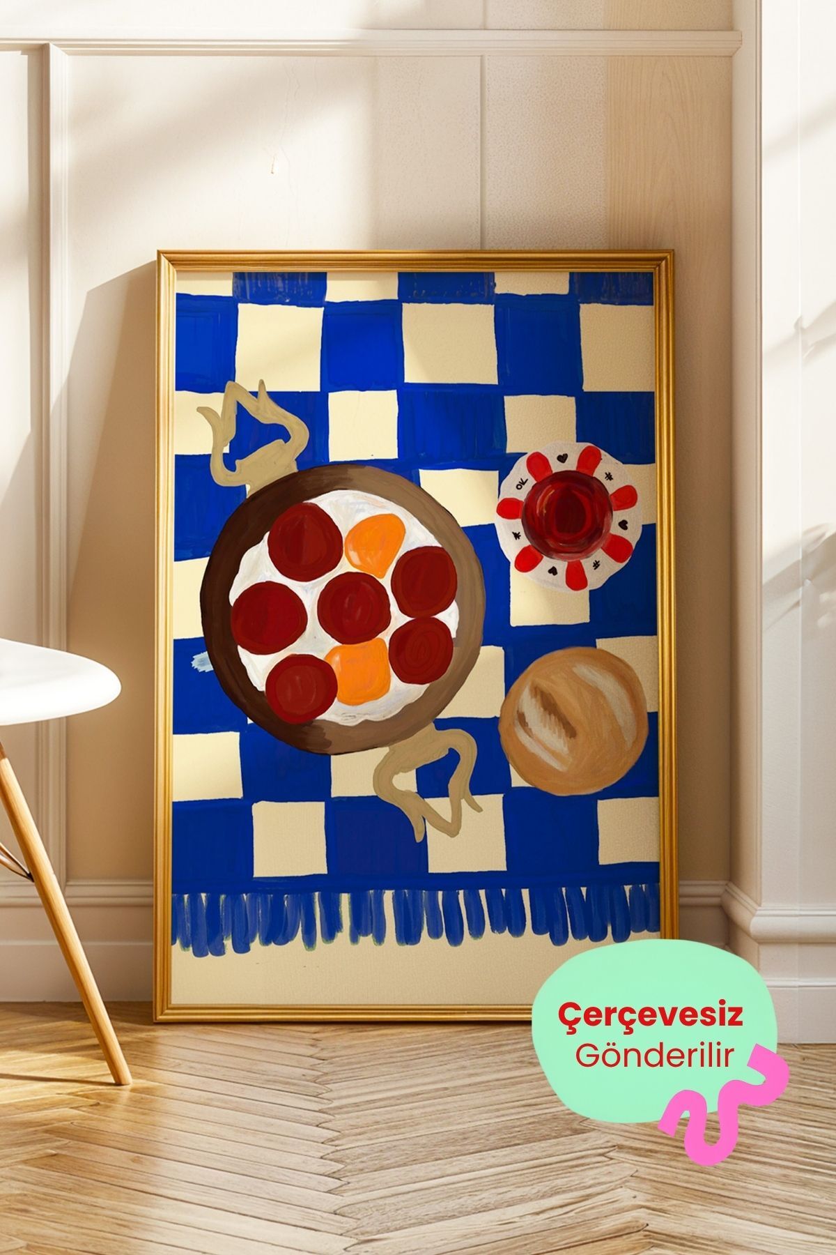 Türk Kahvaltısı Tablo Modern Mutfak İllüstrasyon Poster Yemek Temalı Duvar Dekoru Çerçevesiz